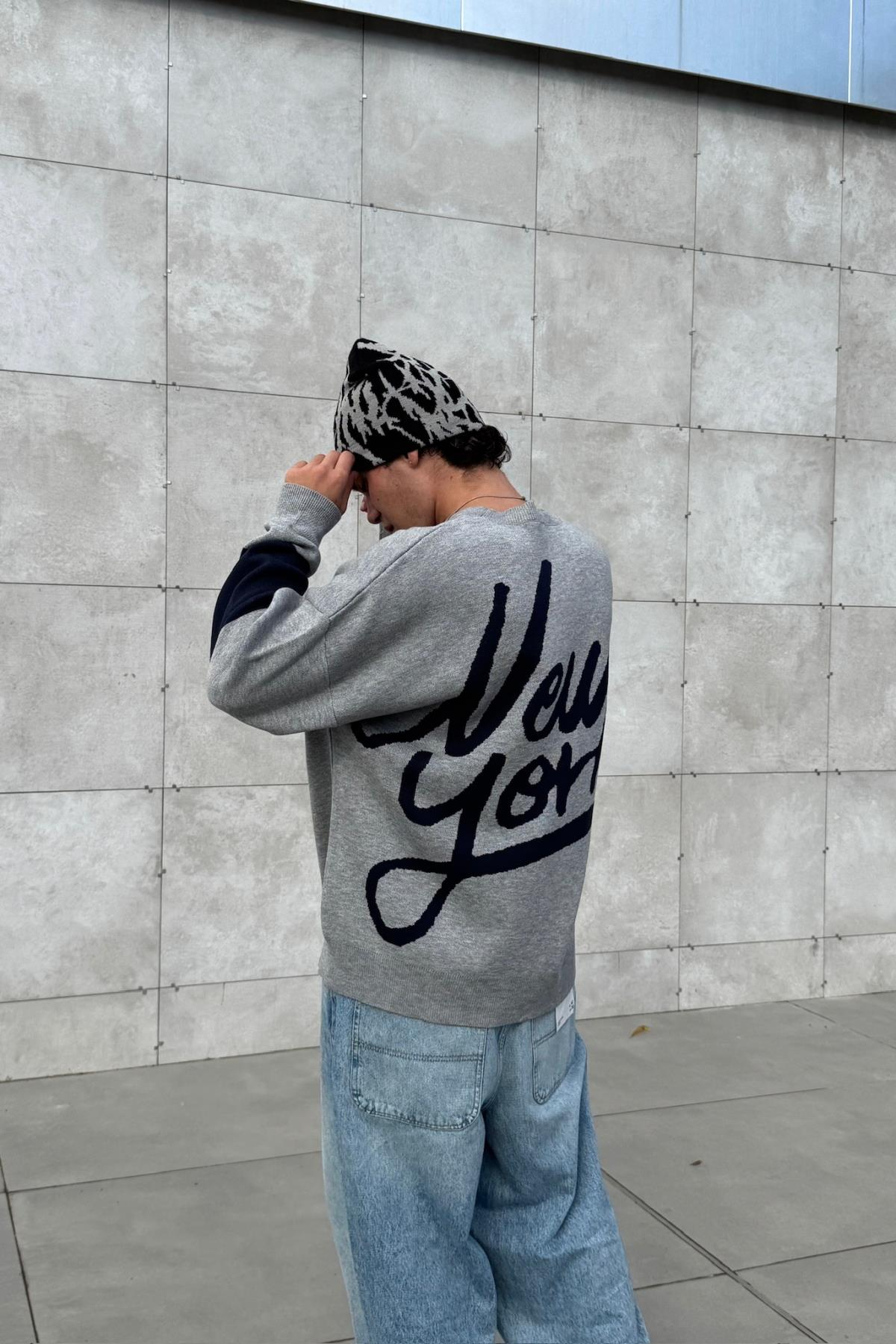 Desenli Oversize Gri Kazak JC01