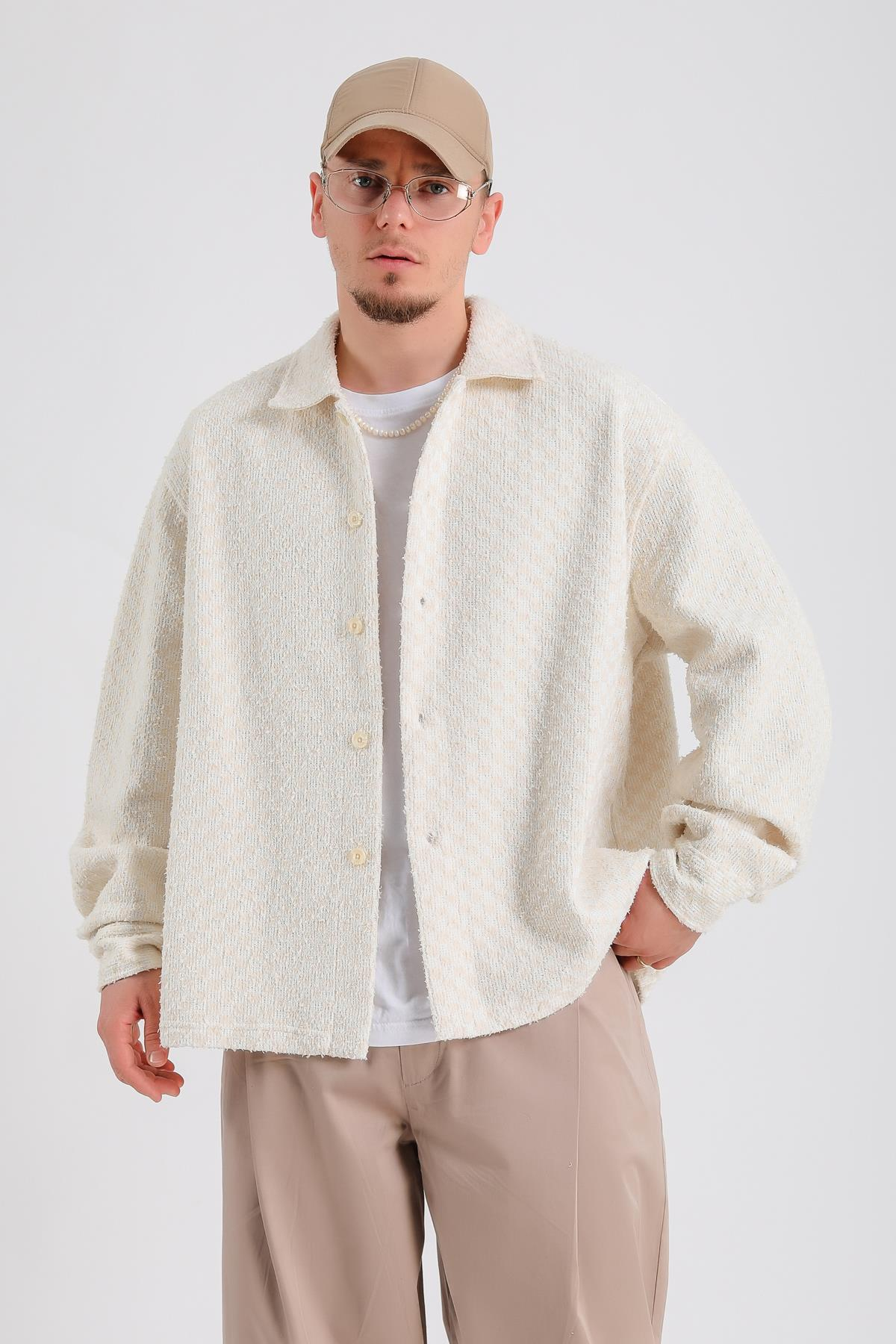 Desenli Oversize Triko Kumaş Gömlek SW1207