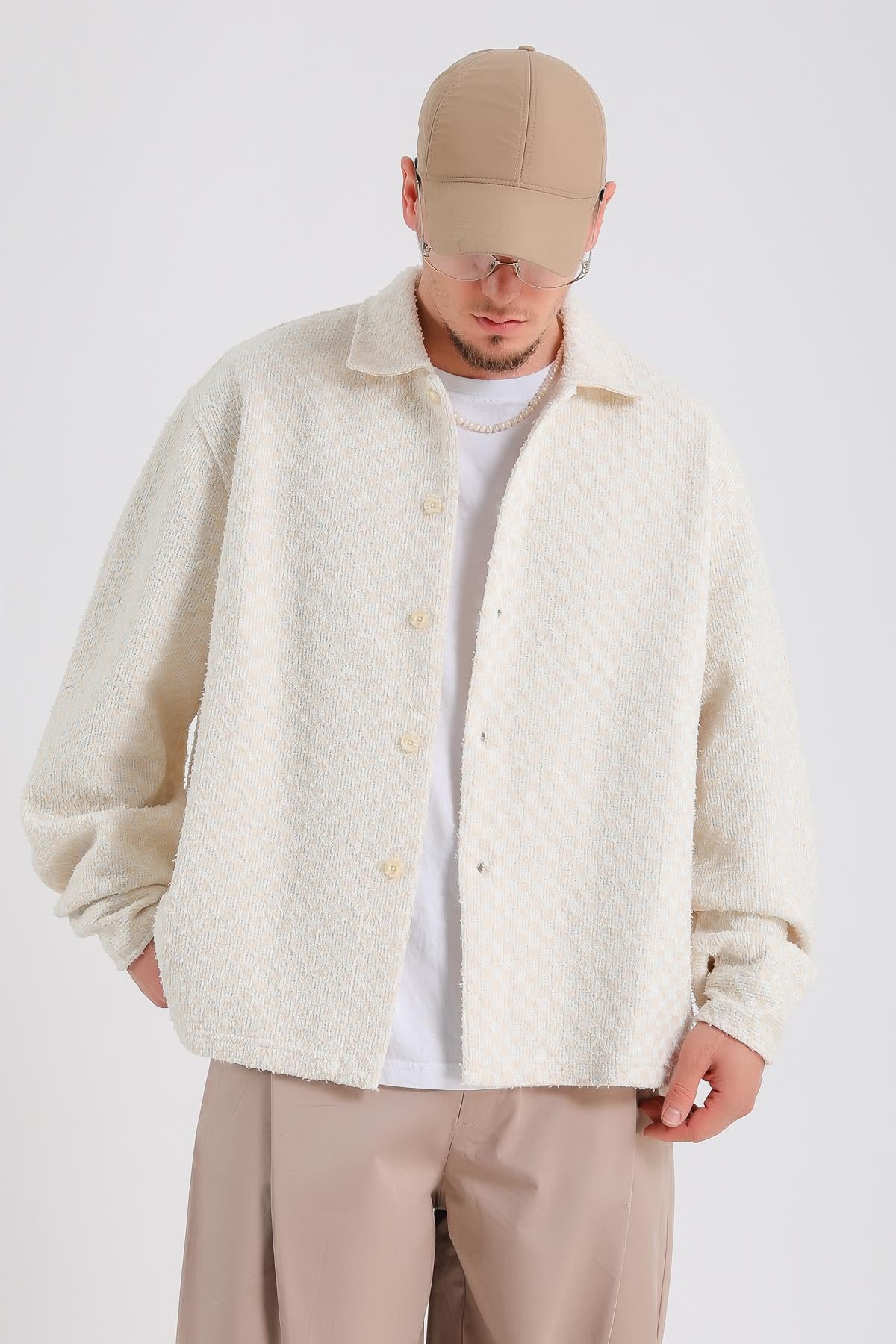 Desenli Oversize Triko Kumaş Gömlek SW1207