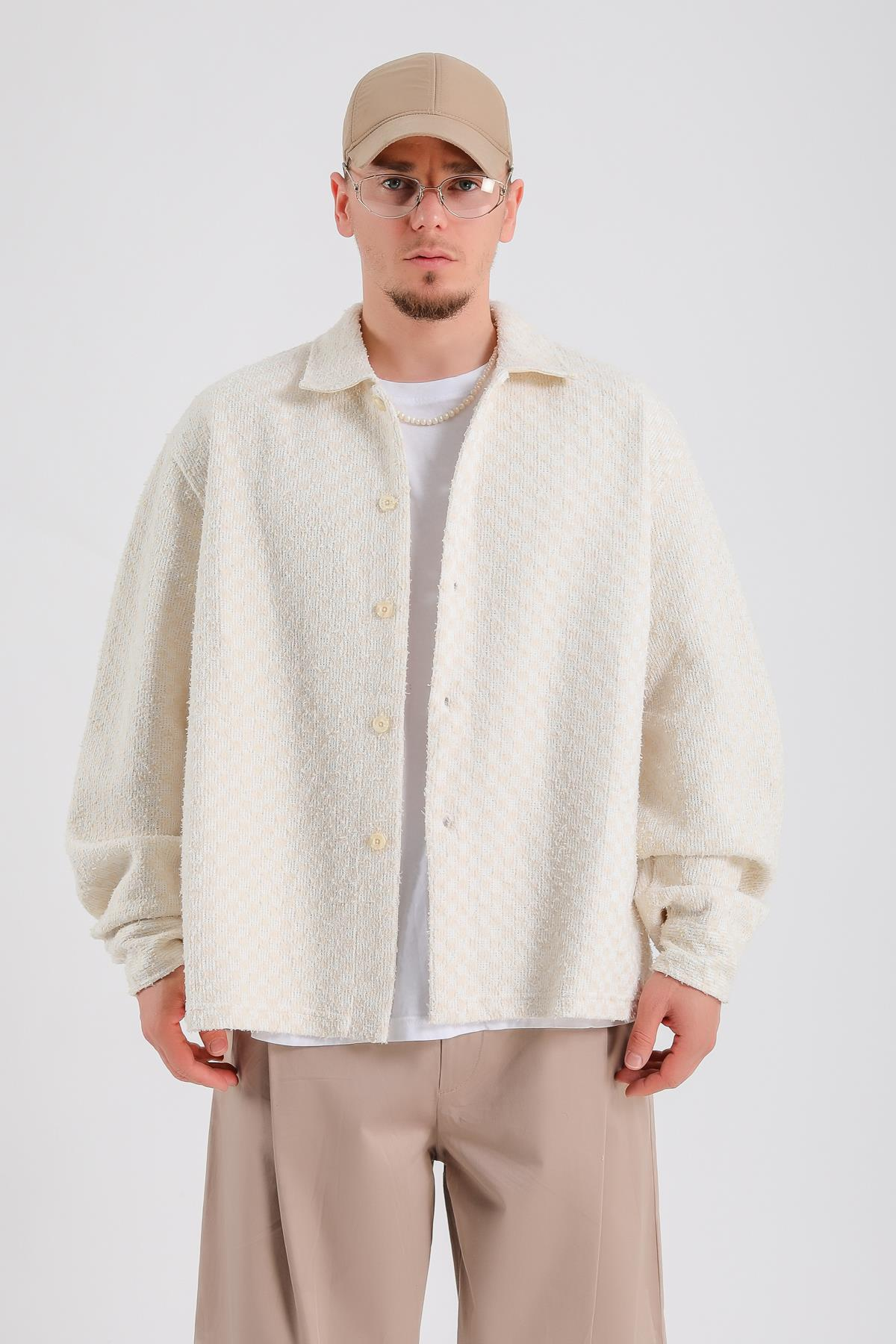 Desenli Oversize Triko Kumaş Gömlek SW1207