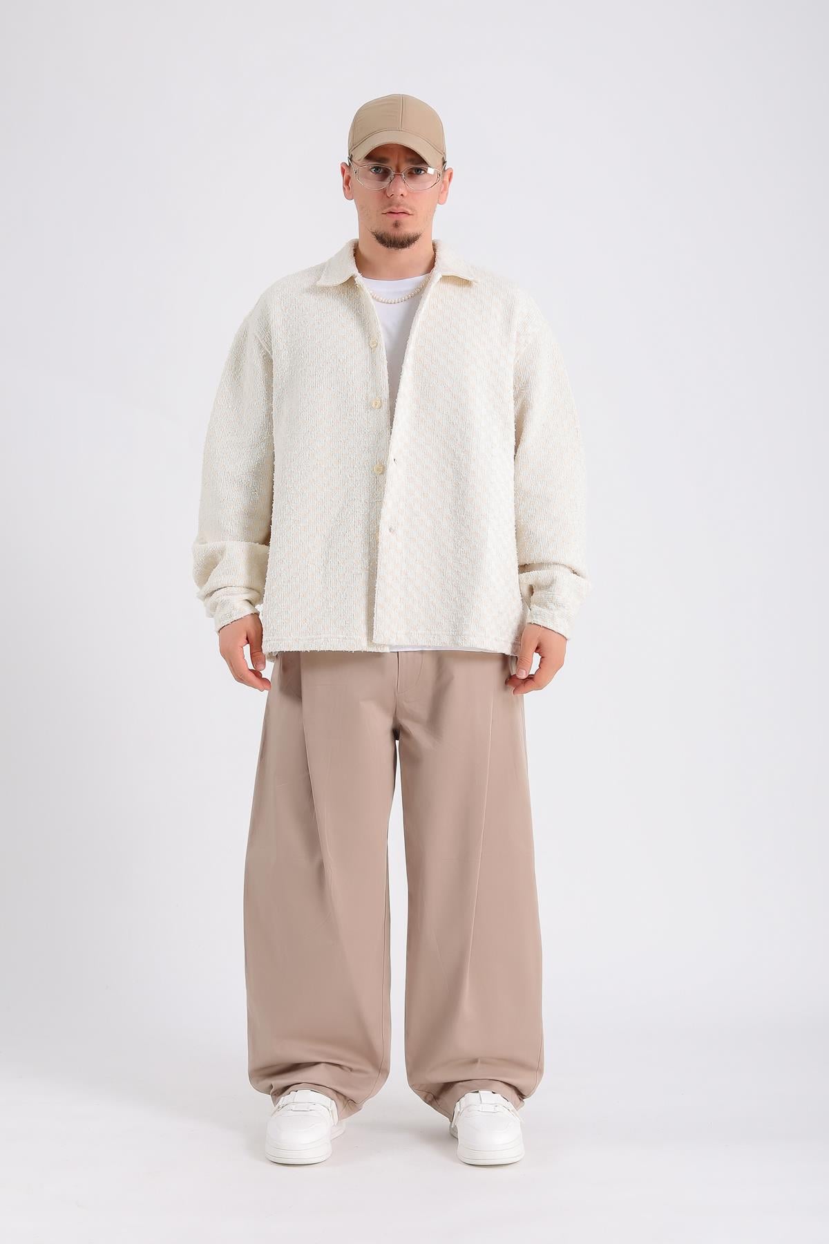 Desenli Oversize Triko Kumaş Gömlek SW1207