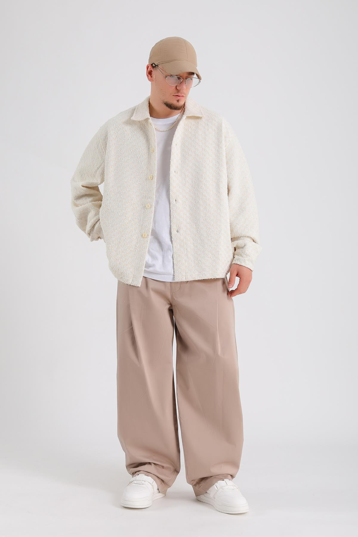 Desenli Oversize Triko Kumaş Gömlek SW1207