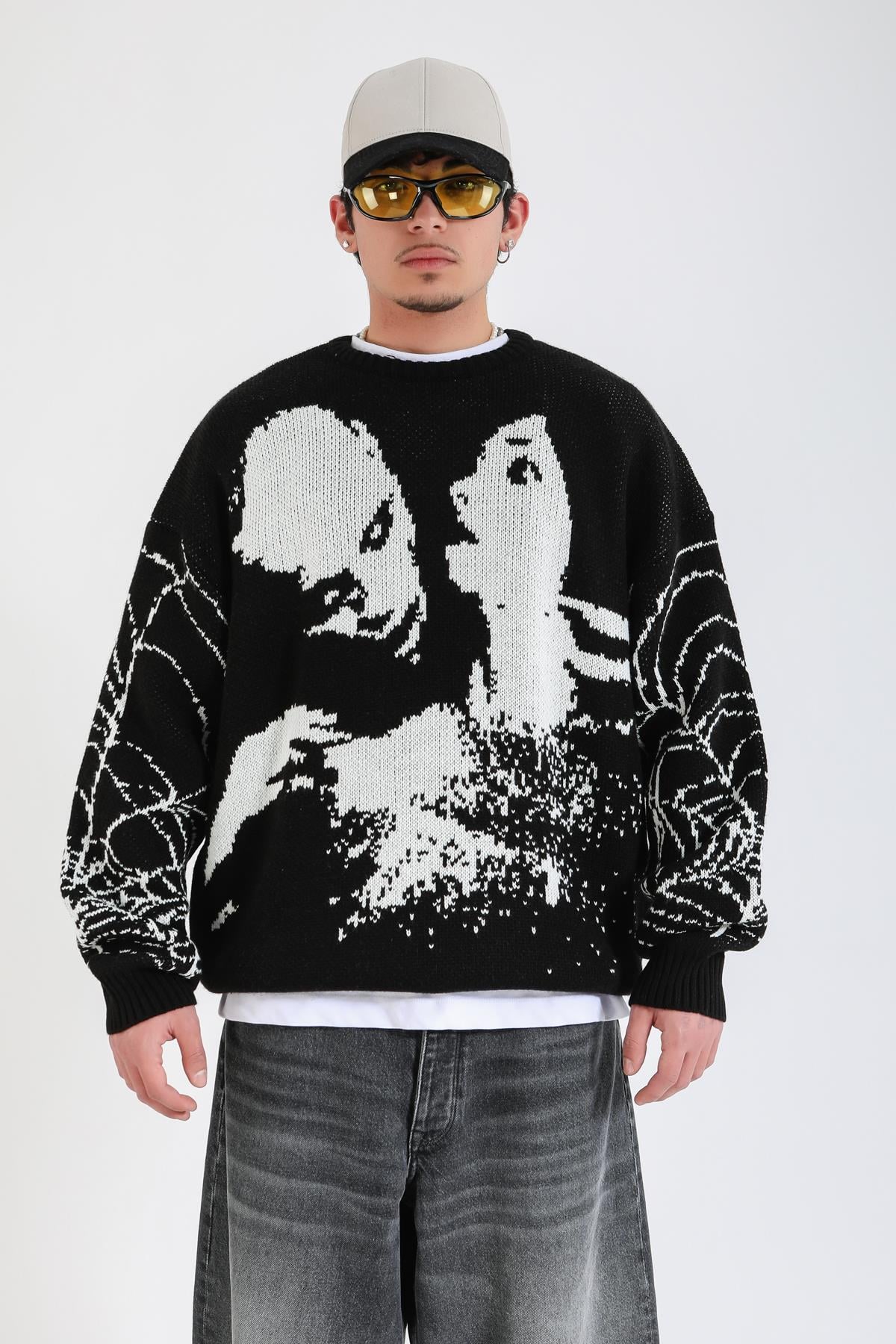 Desenli Spider Oversize Siyah Kazak KZK155