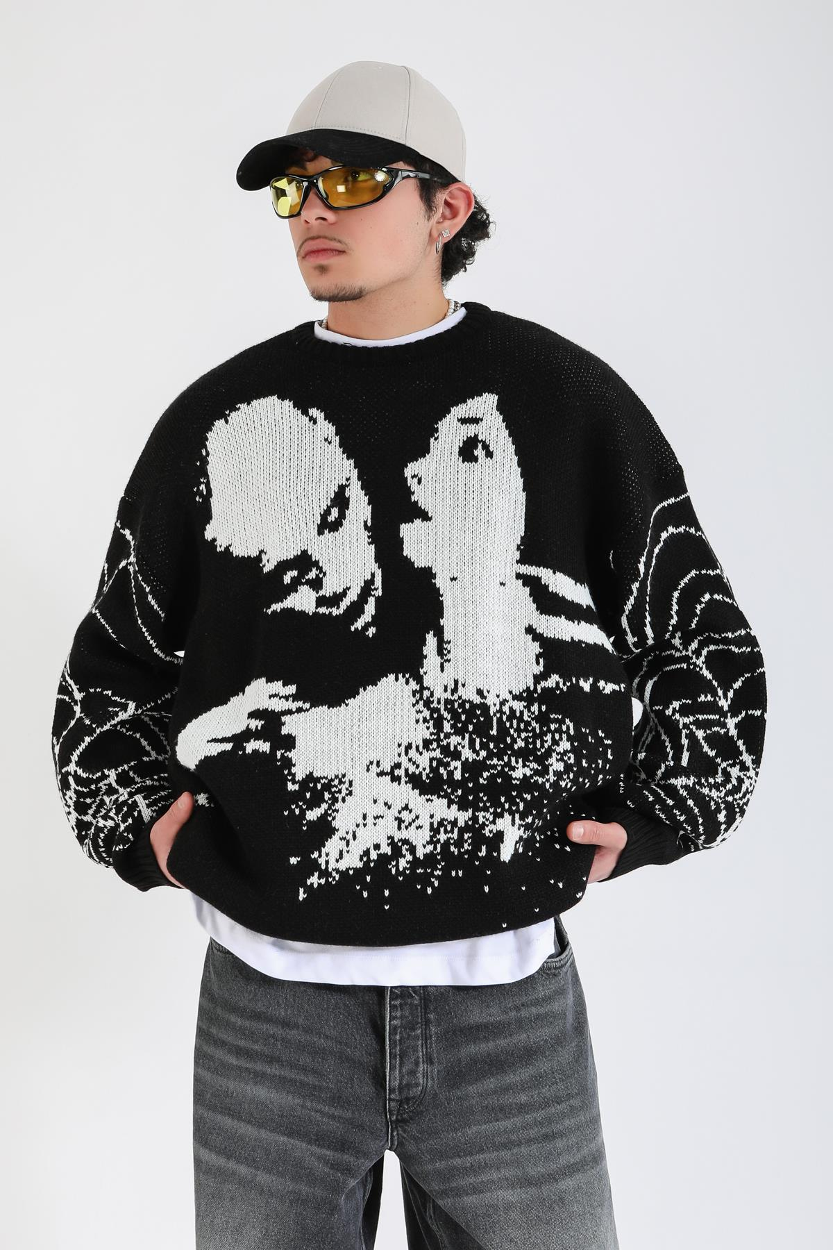 Desenli Spider Oversize Siyah Kazak KZK155