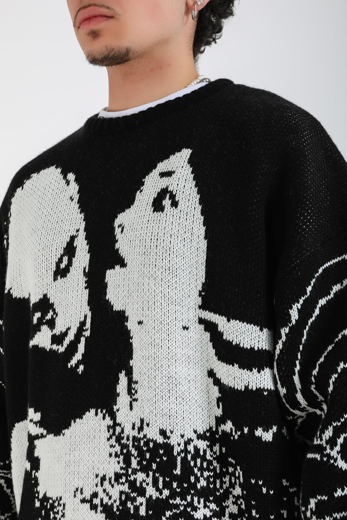 Desenli Spider Oversize Siyah Kazak KZK155