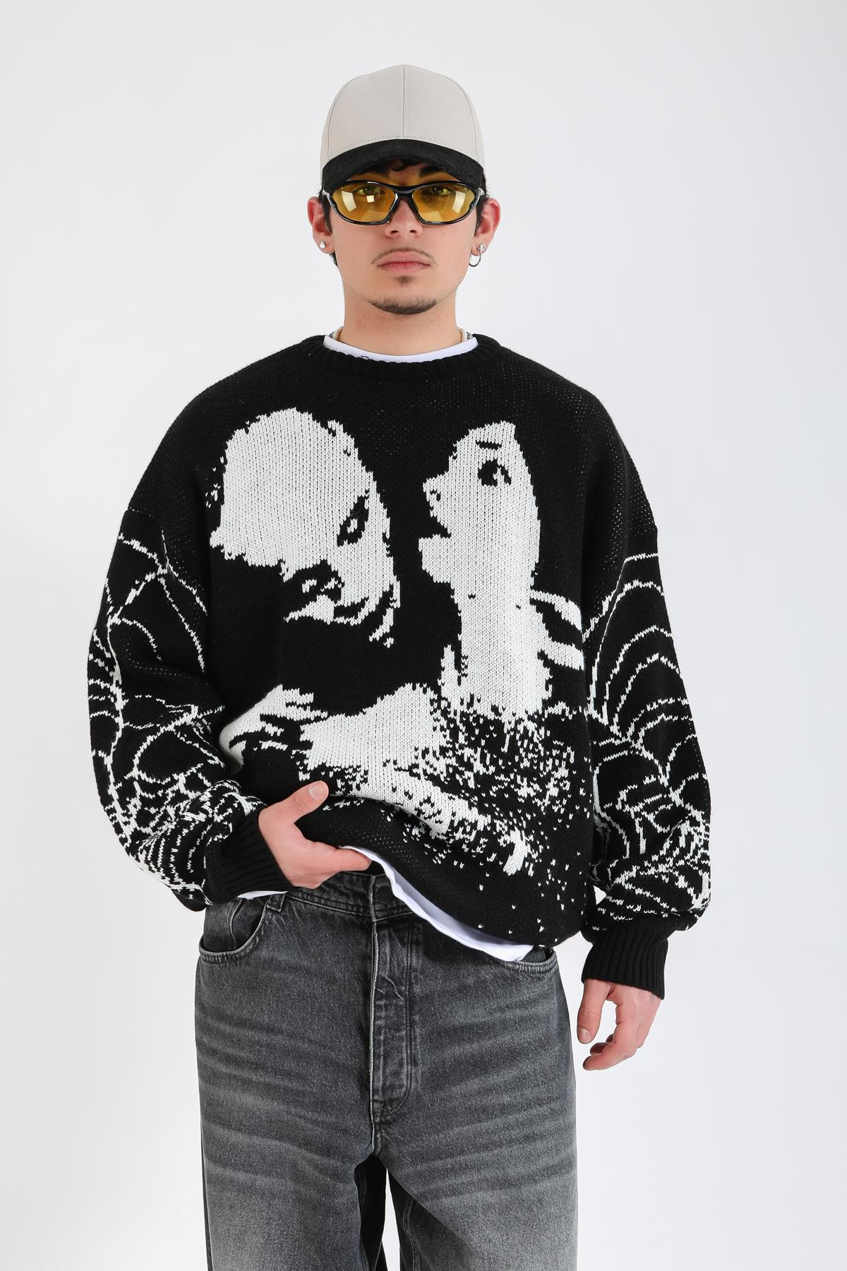 Desenli Spider Oversize Siyah Kazak KZK155