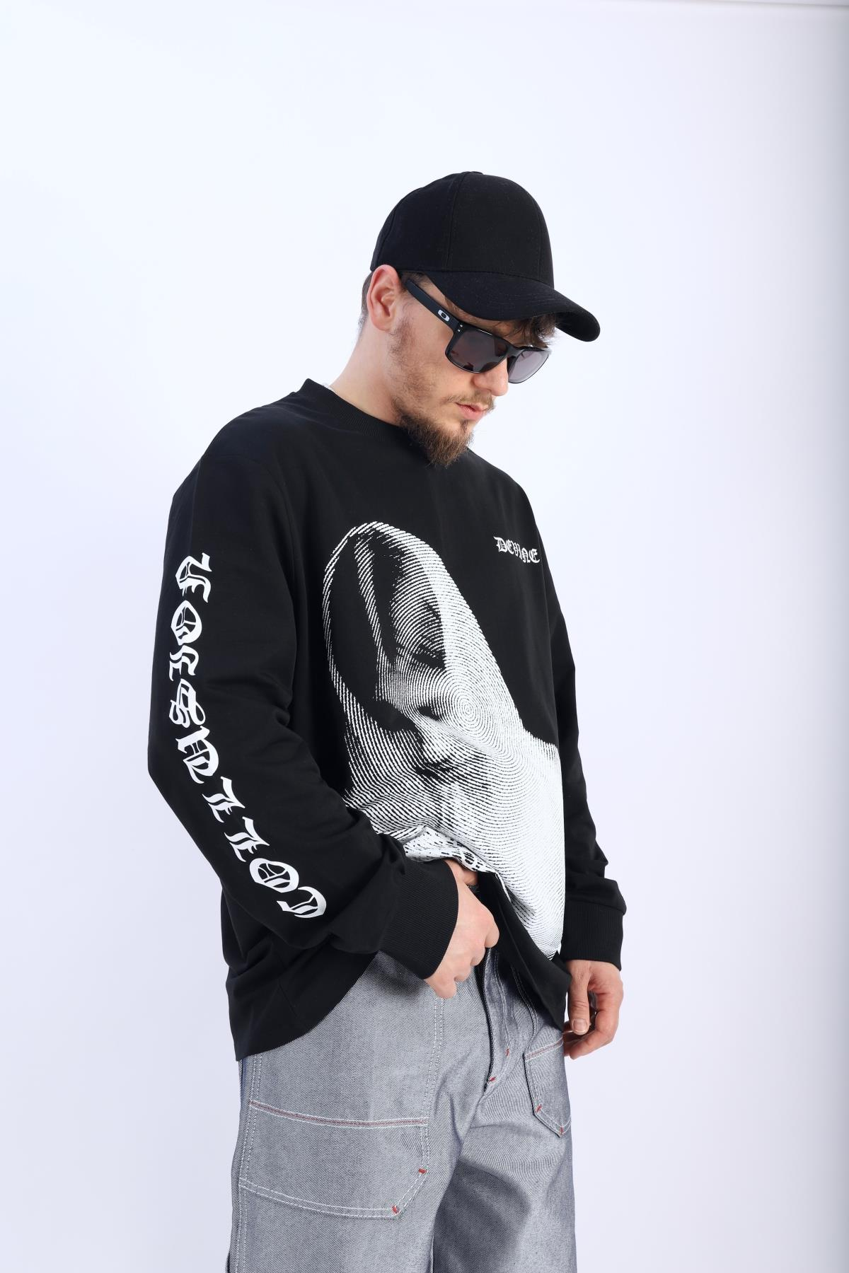 Devine Baskılı Siyah Oversize Sleeved Tshirt T908