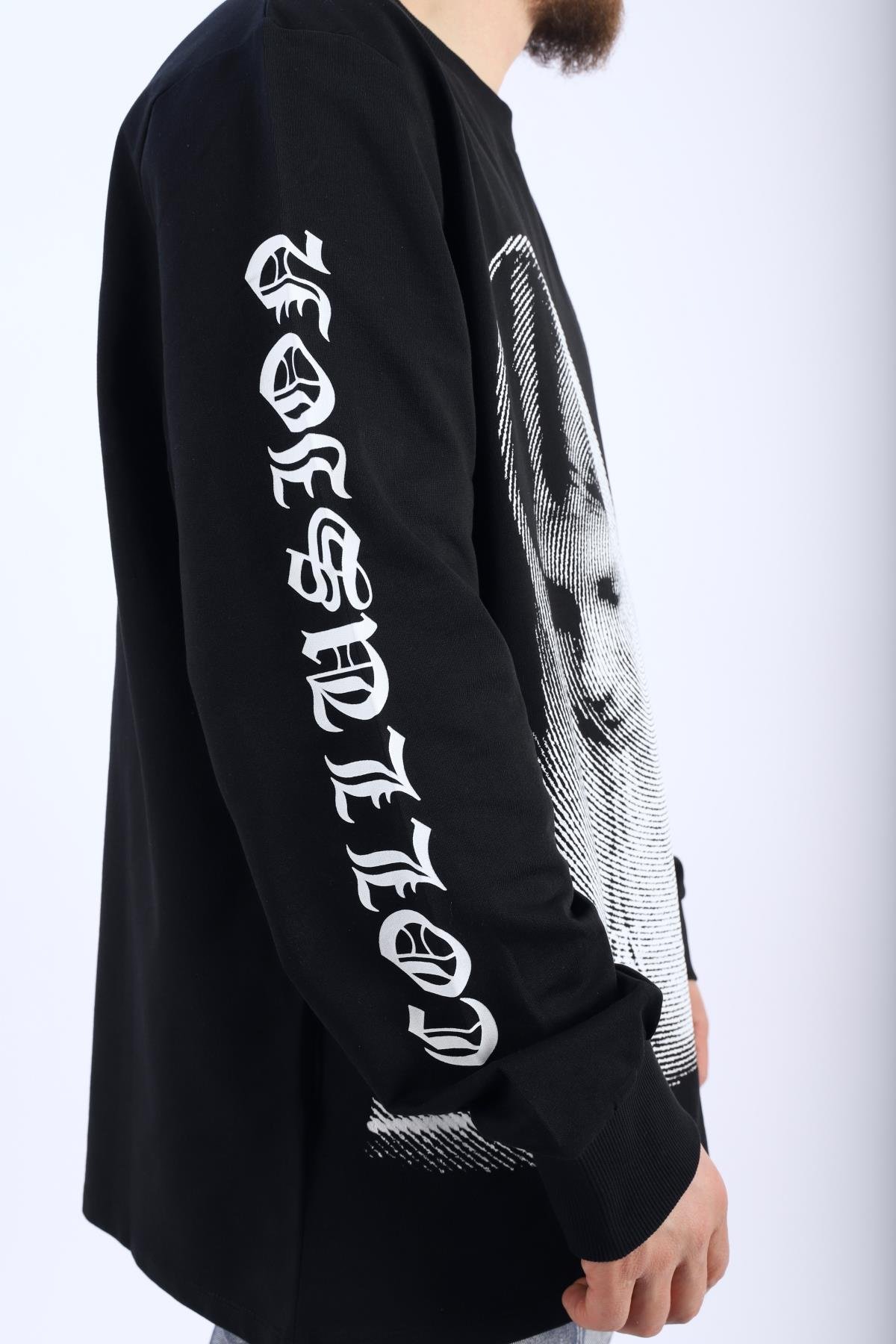 Devine Baskılı Siyah Oversize Sleeved Tshirt T908