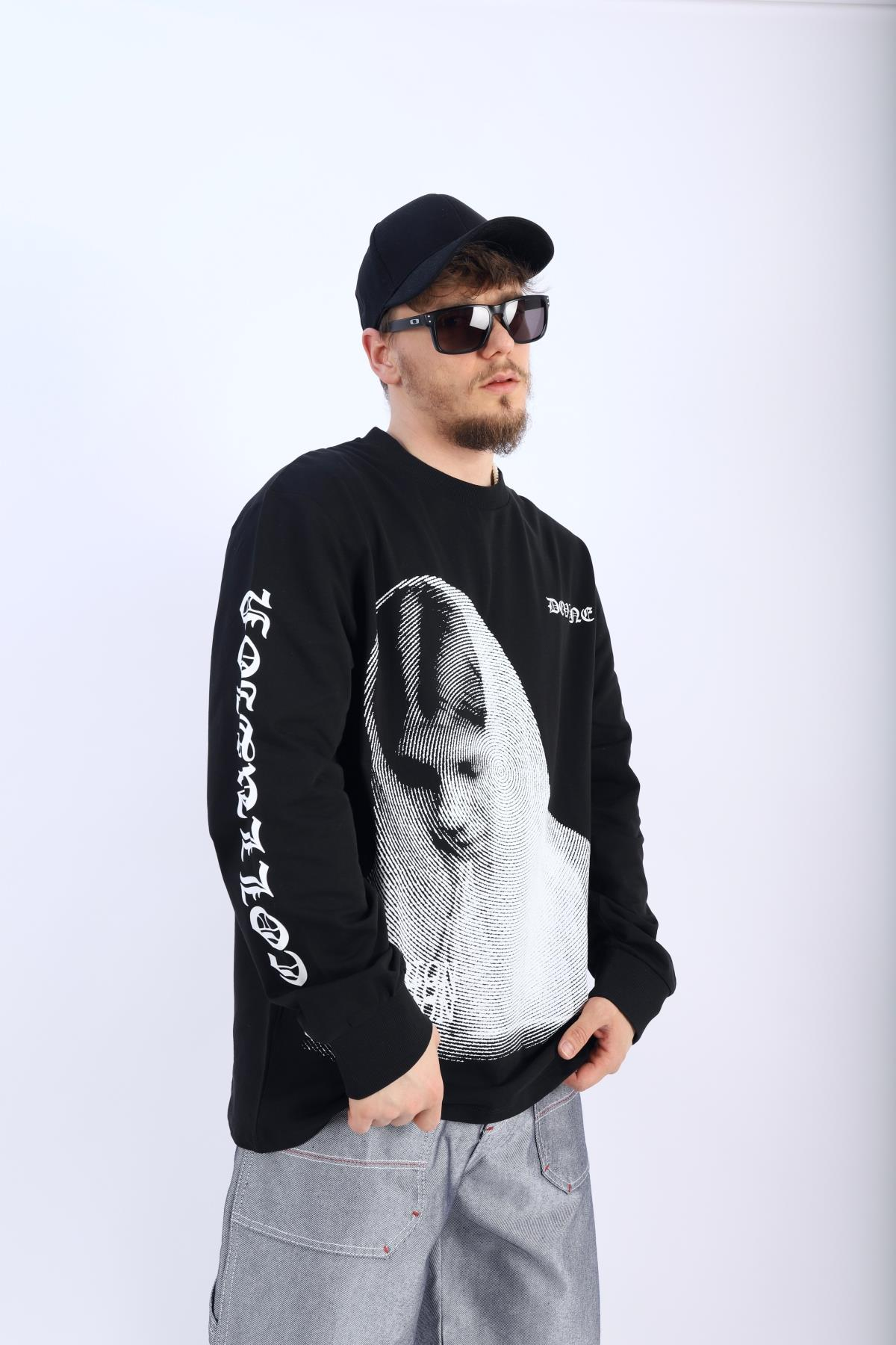 Devine Baskılı Siyah Oversize Sleeved Tshirt T908