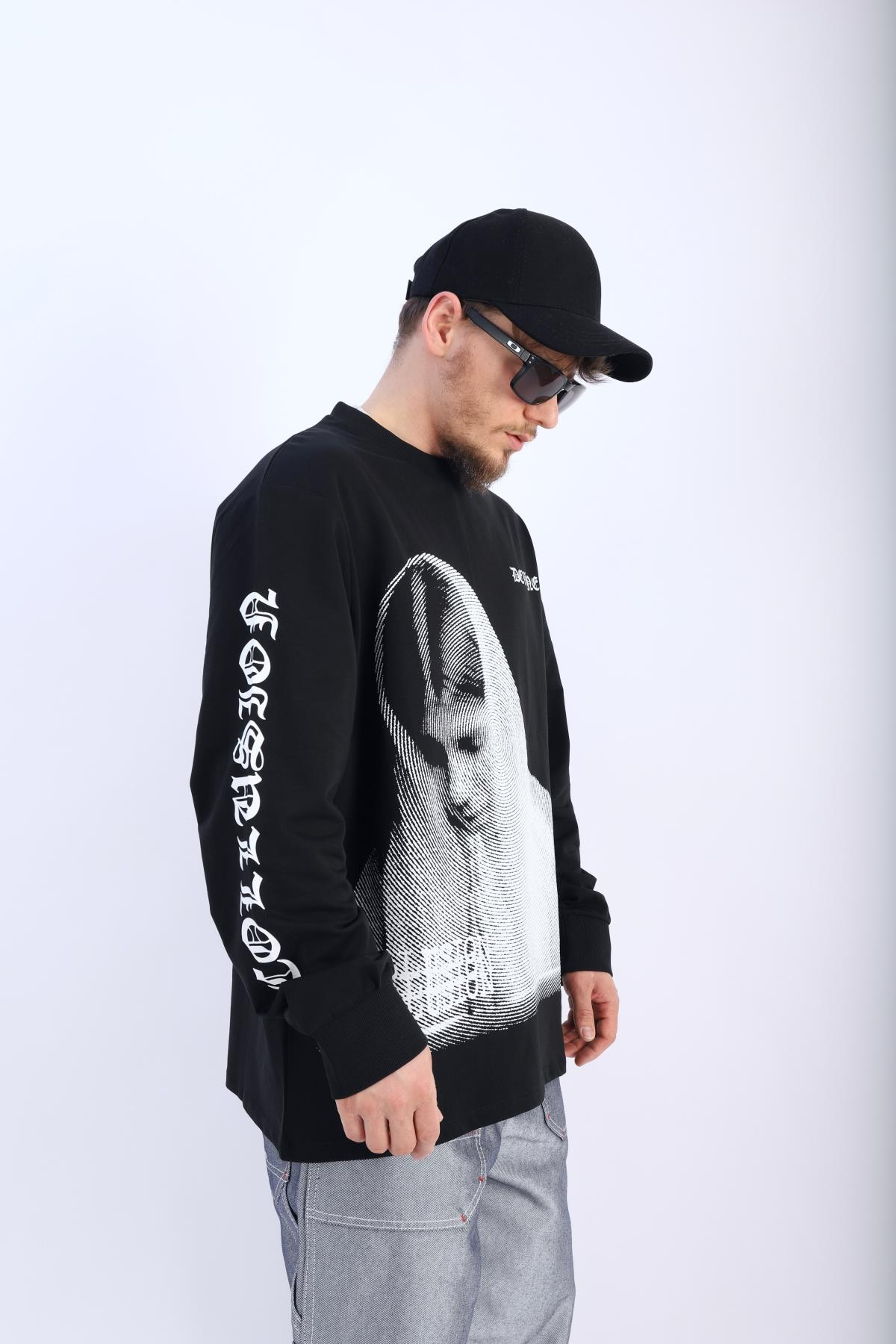 Devine Baskılı Siyah Oversize Sleeved Tshirt T908