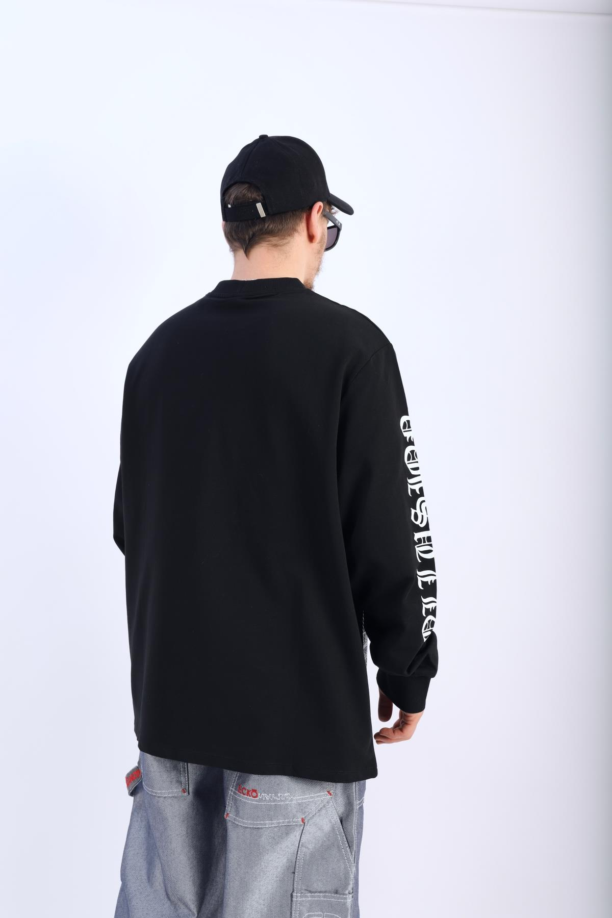 Devine Baskılı Siyah Oversize Sleeved Tshirt T908