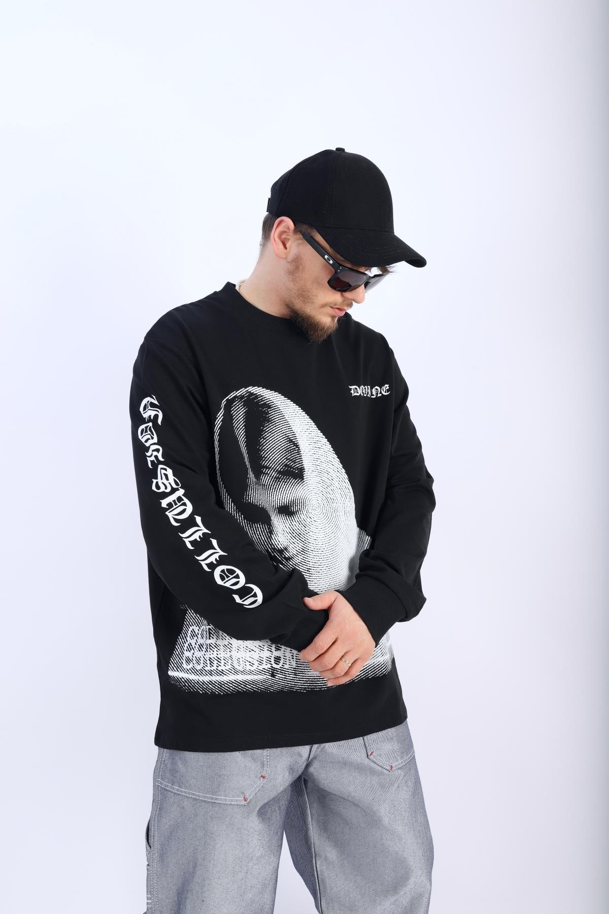 Devine Baskılı Siyah Oversize Sleeved Tshirt T908