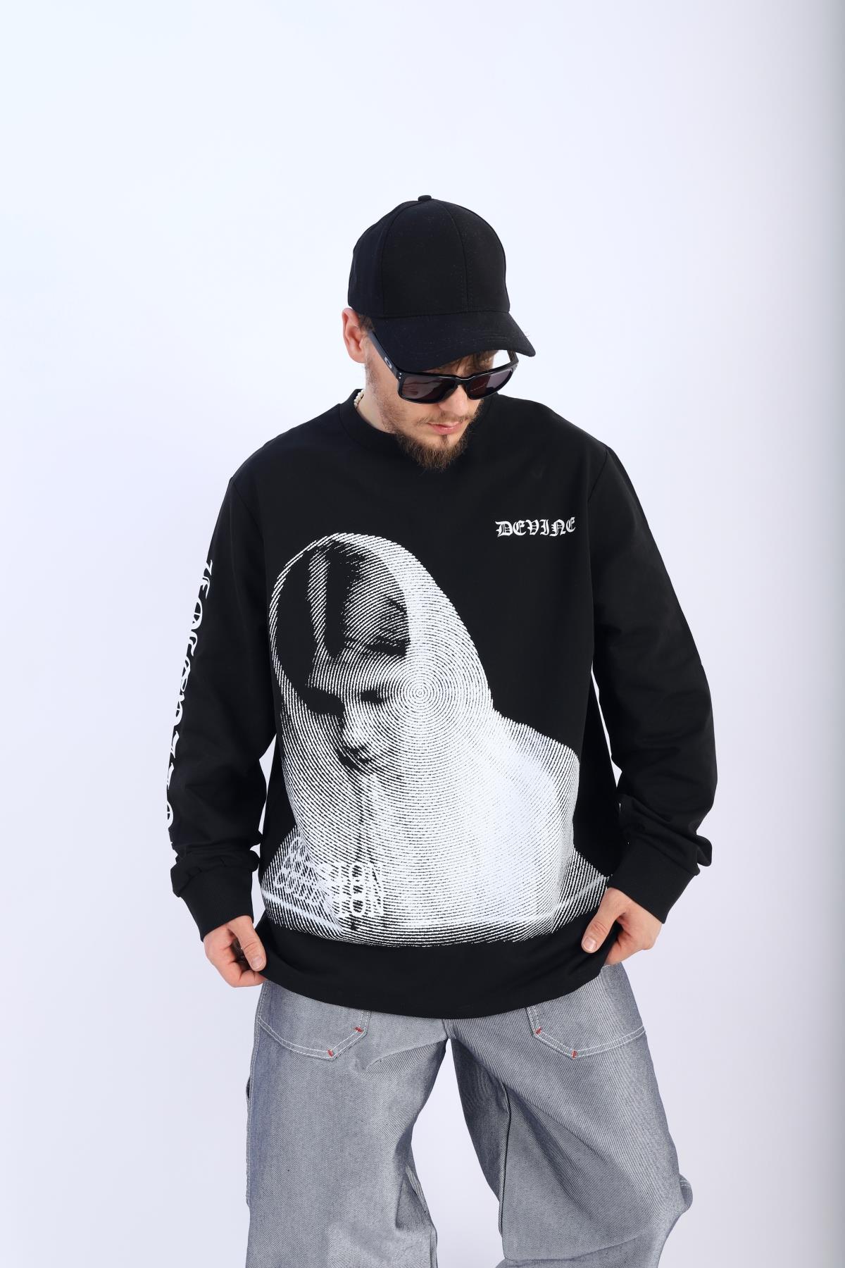 Devine Baskılı Siyah Oversize Sleeved Tshirt T908