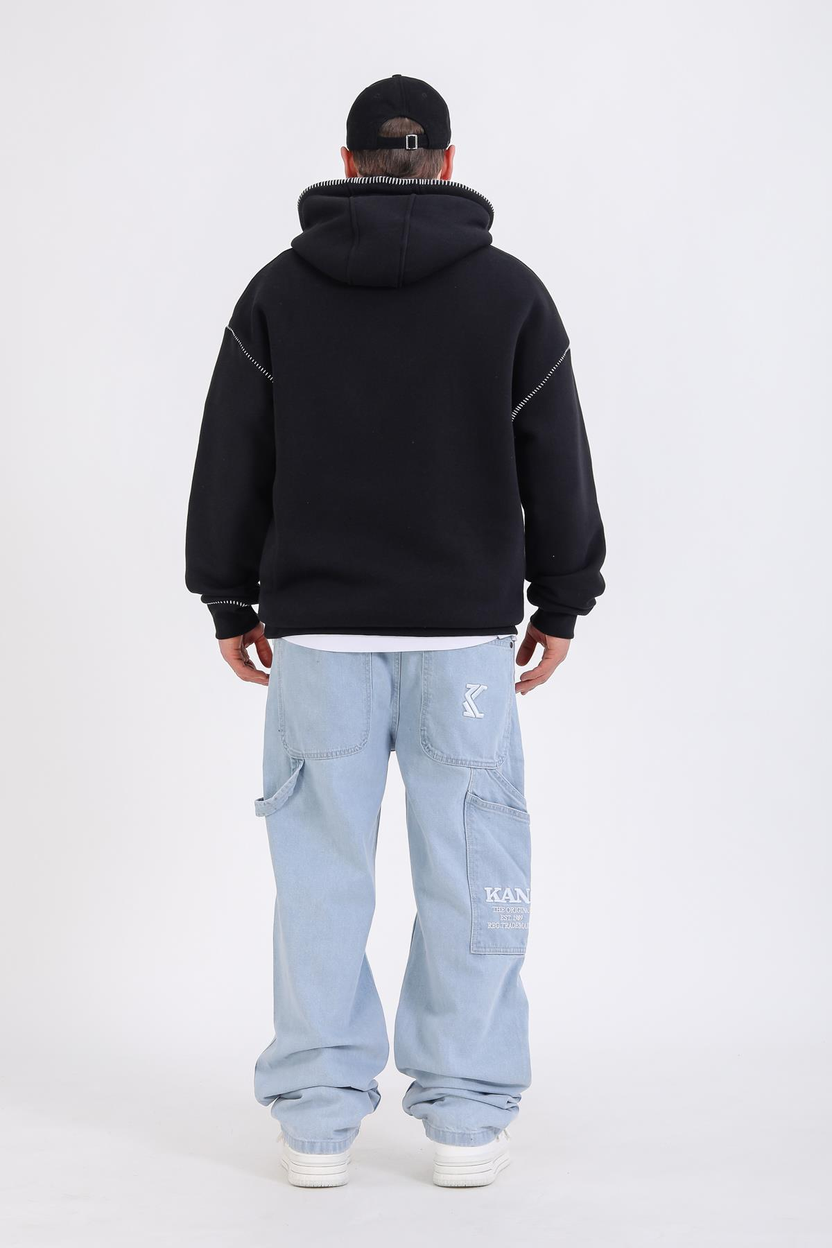 Dikiş Detay Siyah Creative Oversize Hoodie SW1355