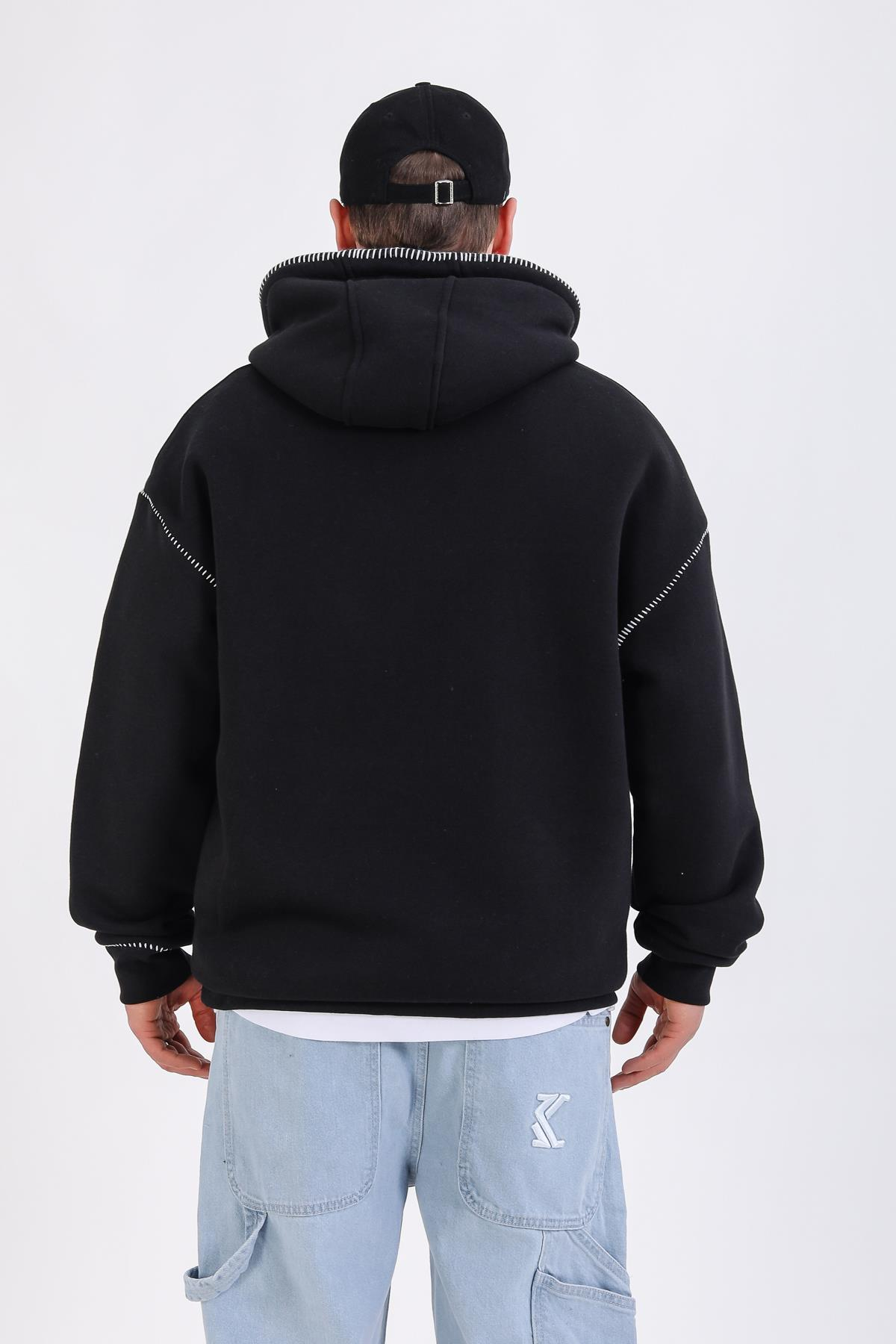 Dikiş Detay Siyah Creative Oversize Hoodie SW1355