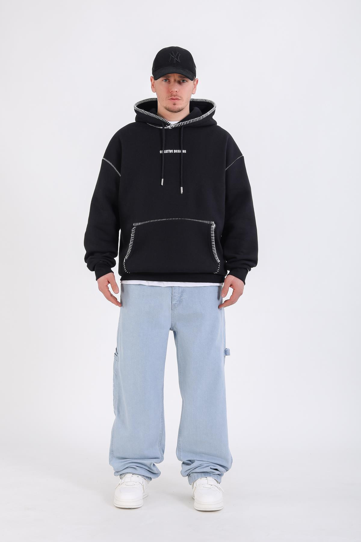 Dikiş Detay Siyah Creative Oversize Hoodie SW1355
