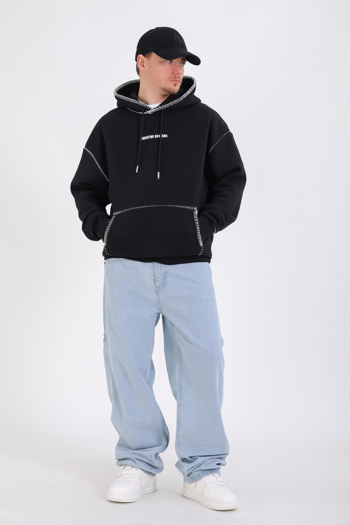 Dikiş Detay Siyah Creative Oversize Hoodie SW1355