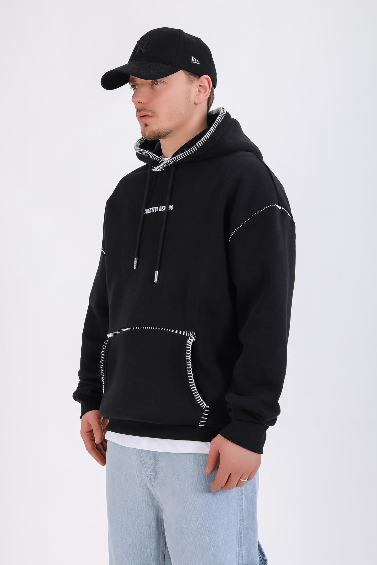 Dikiş Detay Siyah Creative Oversize Hoodie SW1355