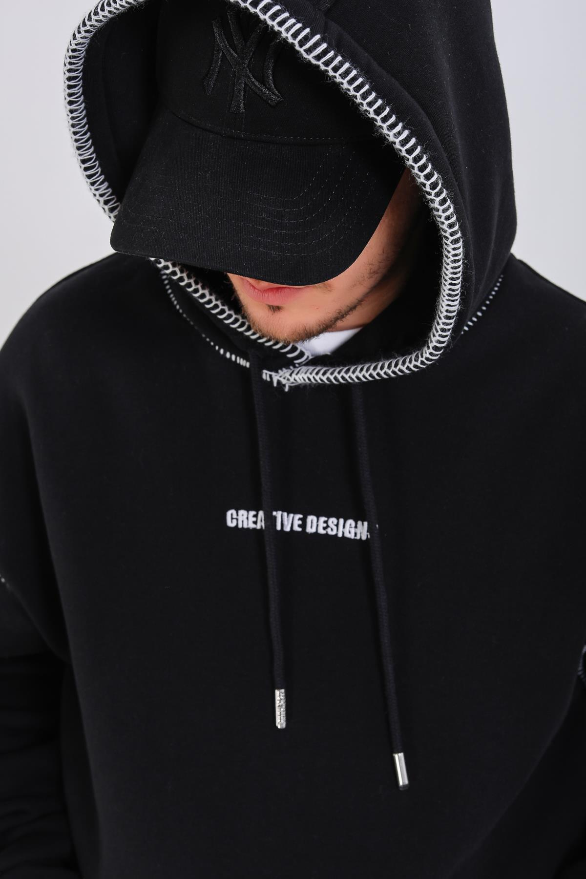 Dikiş Detay Siyah Creative Oversize Hoodie SW1355