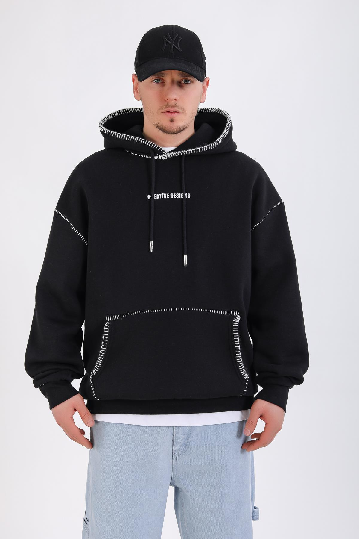 Dikiş Detay Siyah Creative Oversize Hoodie SW1355