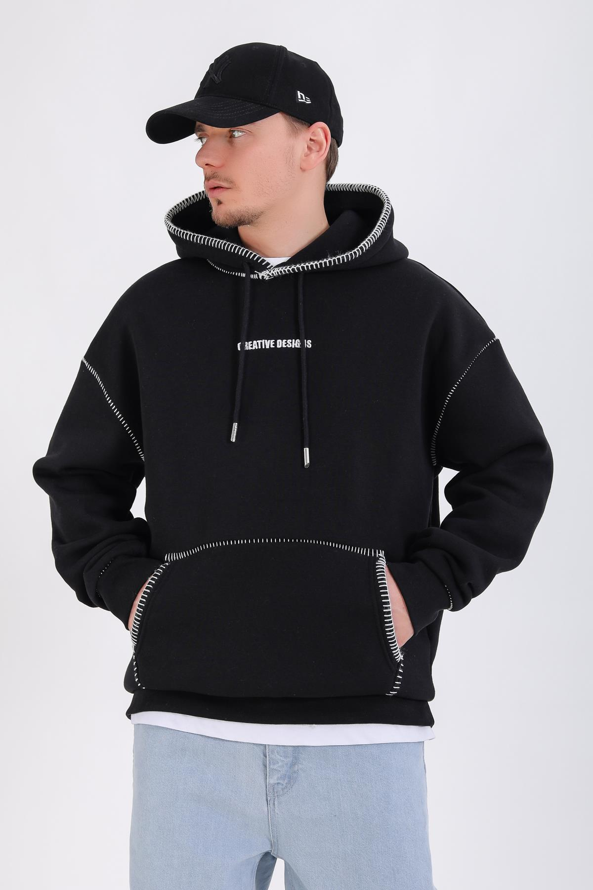 Dikiş Detay Siyah Creative Oversize Hoodie SW1355