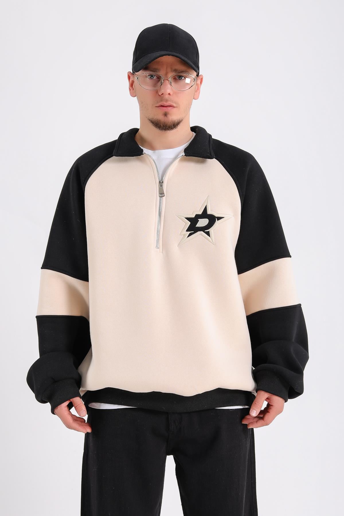 Dsh Krem Fermuar Polo Yaka Oversize Sweatshirt SW1188