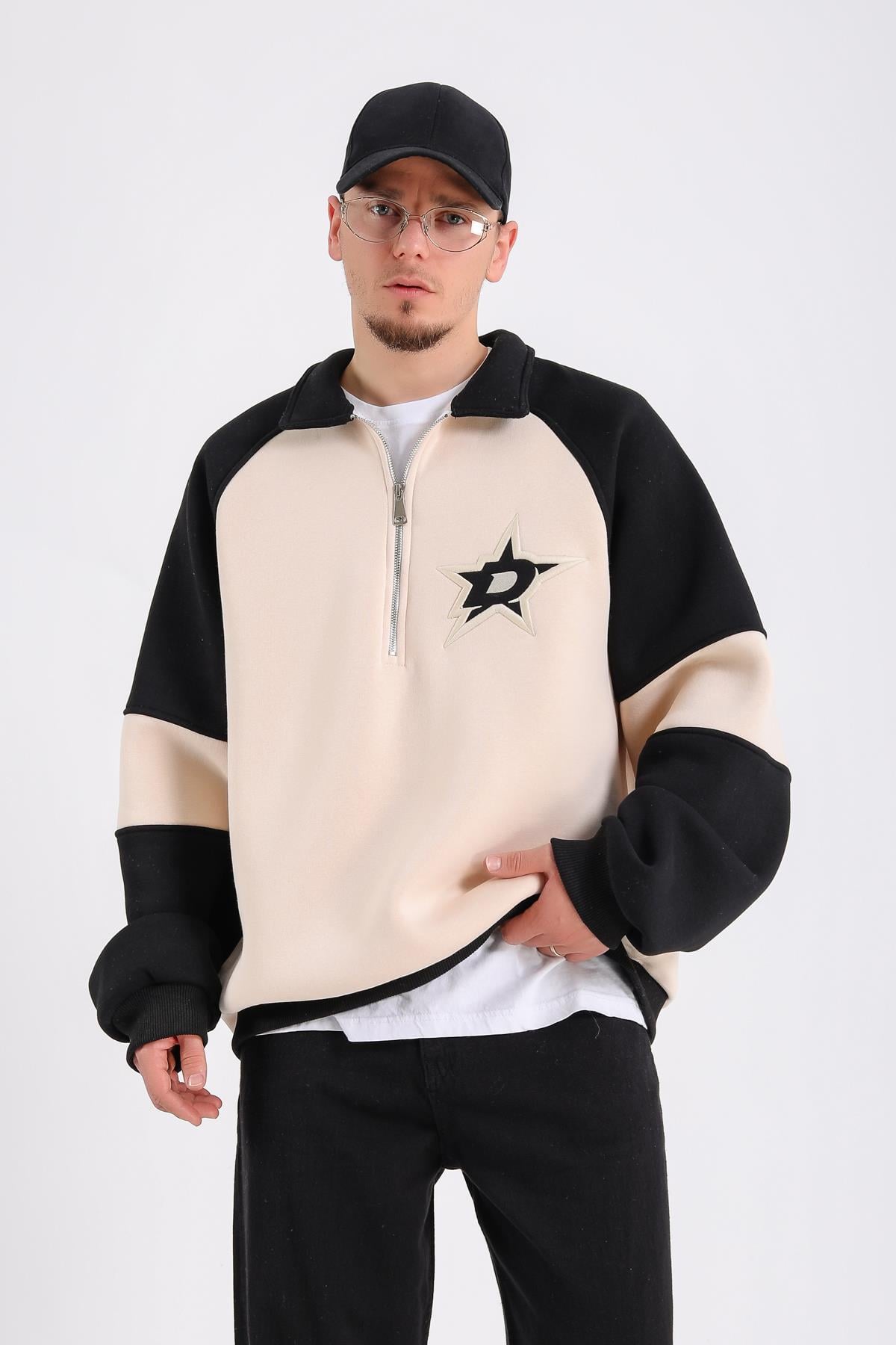Dsh Krem Fermuar Polo Yaka Oversize Sweatshirt SW1188