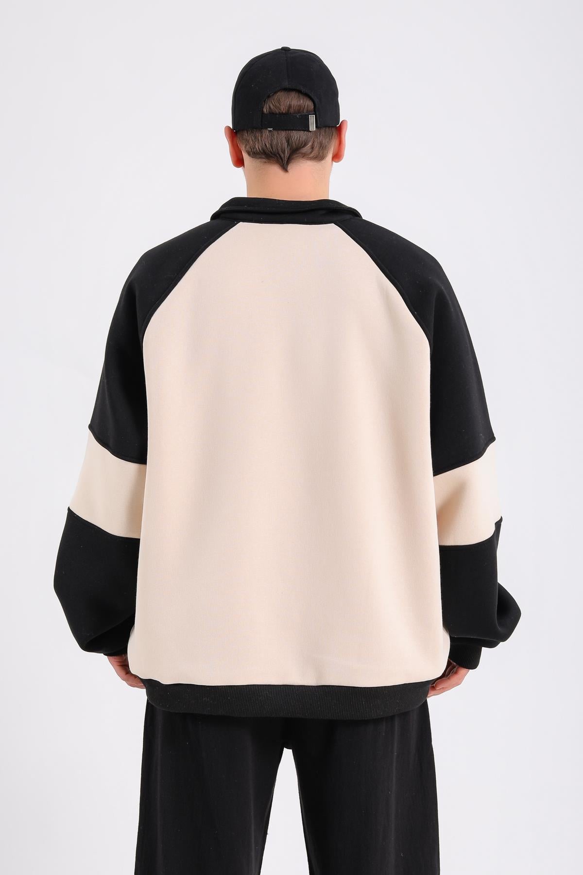 Dsh Krem Fermuar Polo Yaka Oversize Sweatshirt SW1188