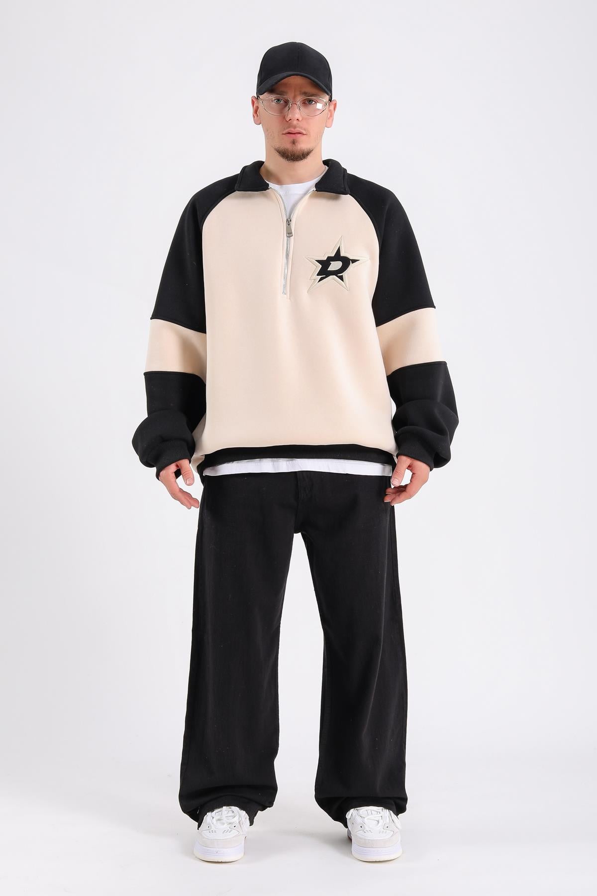 Dsh Krem Fermuar Polo Yaka Oversize Sweatshirt SW1188