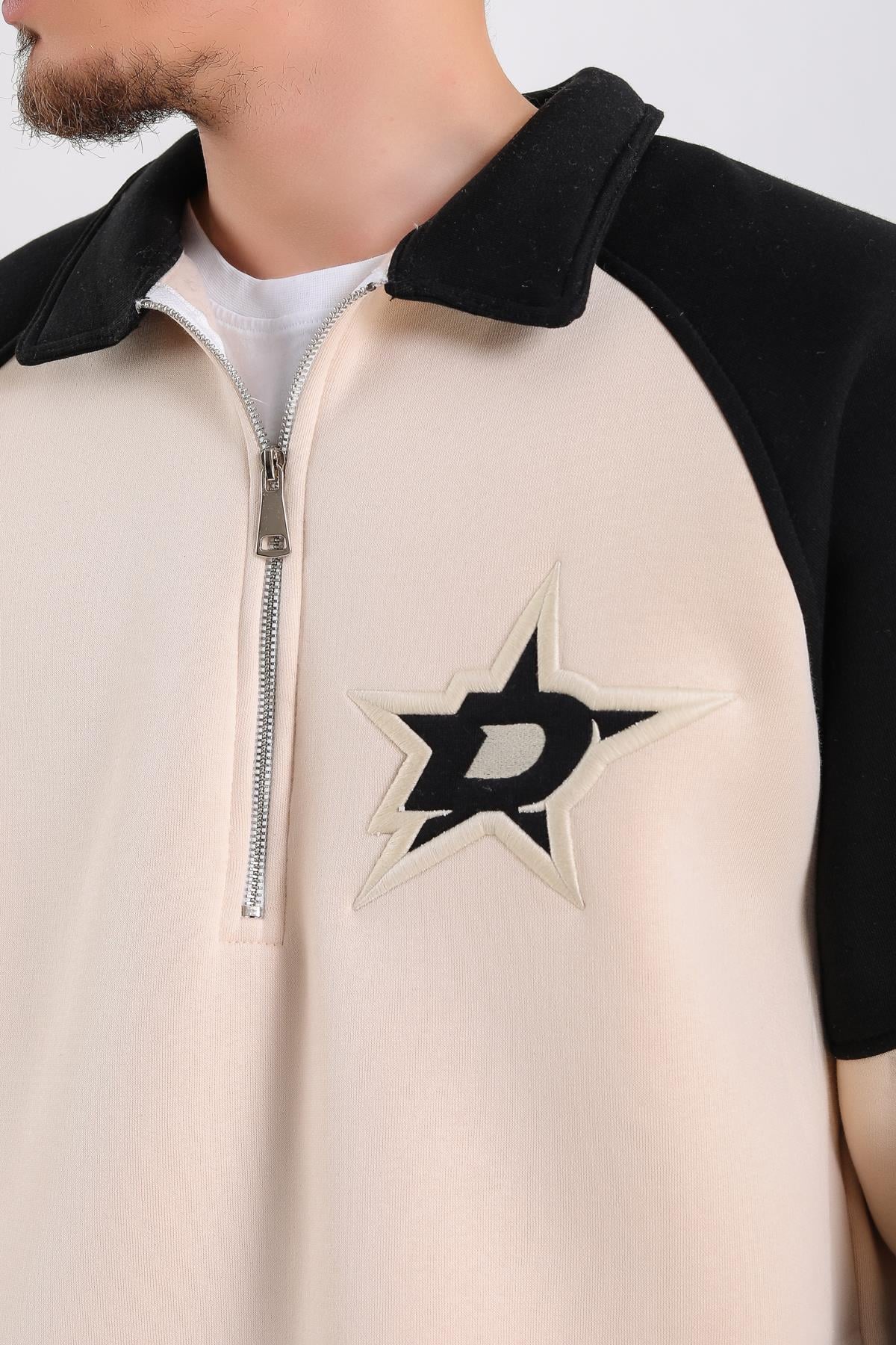 Dsh Krem Fermuar Polo Yaka Oversize Sweatshirt SW1188