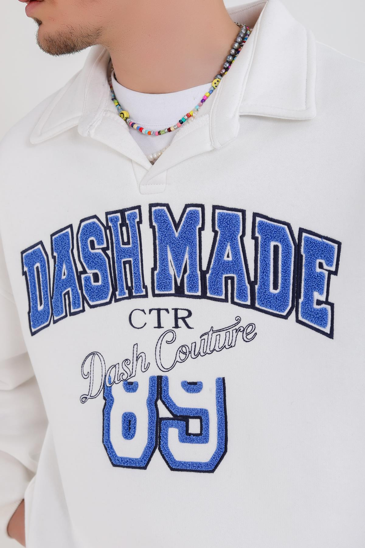 Dsh Nakışlı Krem Polo Yaka Oversize Sweatshirt SW1339