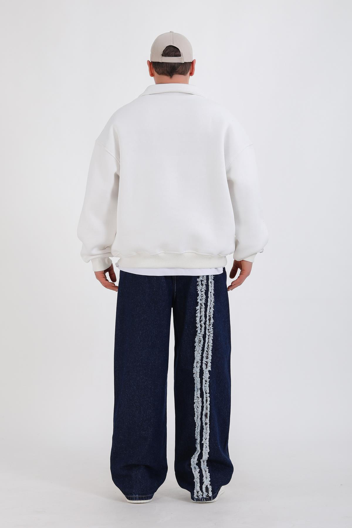 Dsh Nakışlı Krem Polo Yaka Oversize Sweatshirt SW1339