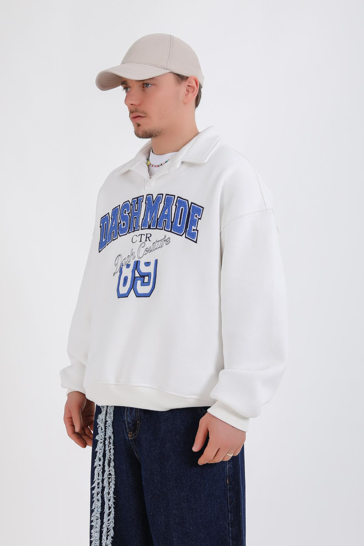 Dsh Nakışlı Krem Polo Yaka Oversize Sweatshirt SW1339