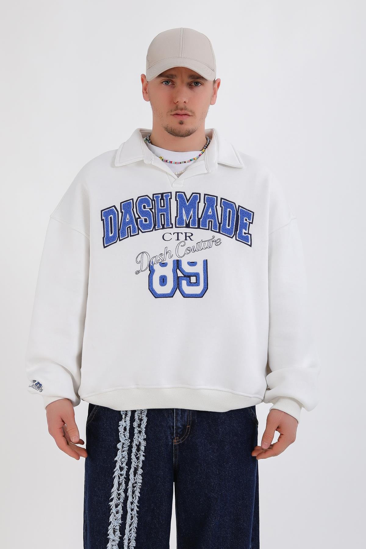 Dsh Nakışlı Krem Polo Yaka Oversize Sweatshirt SW1339
