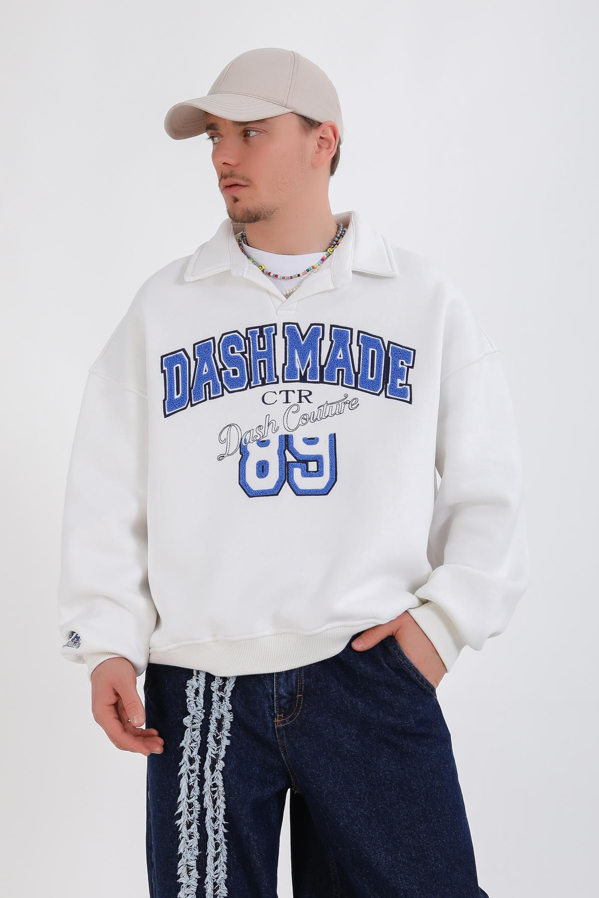 Dsh Nakışlı Krem Polo Yaka Oversize Sweatshirt SW1339