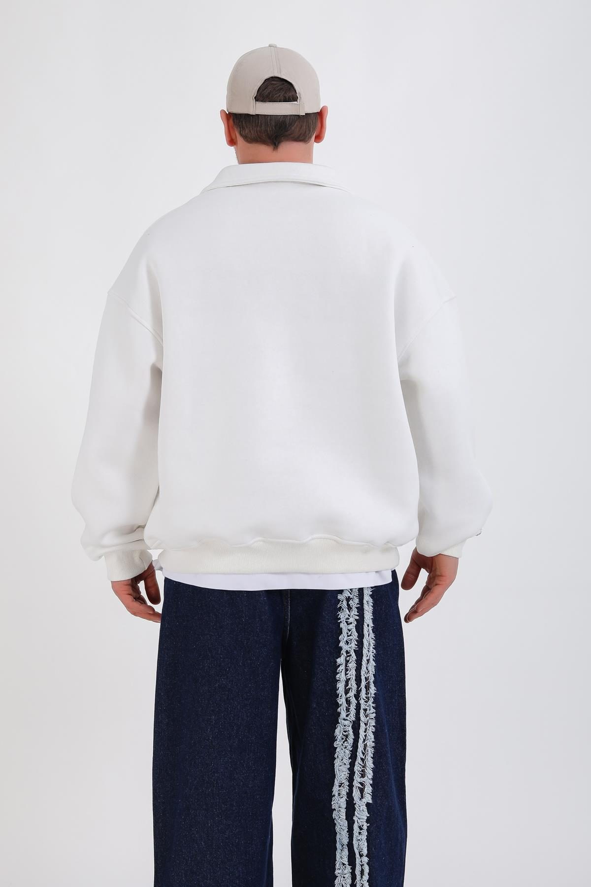 Dsh Nakışlı Krem Polo Yaka Oversize Sweatshirt SW1339