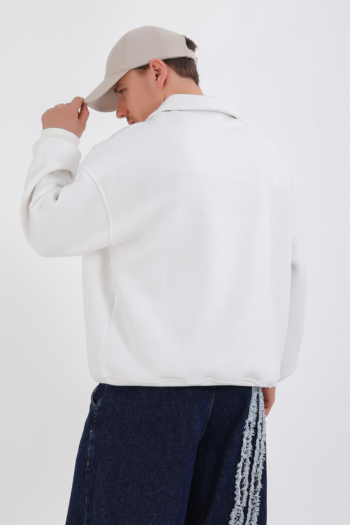 Dsh Nakışlı Krem Polo Yaka Oversize Sweatshirt SW1339