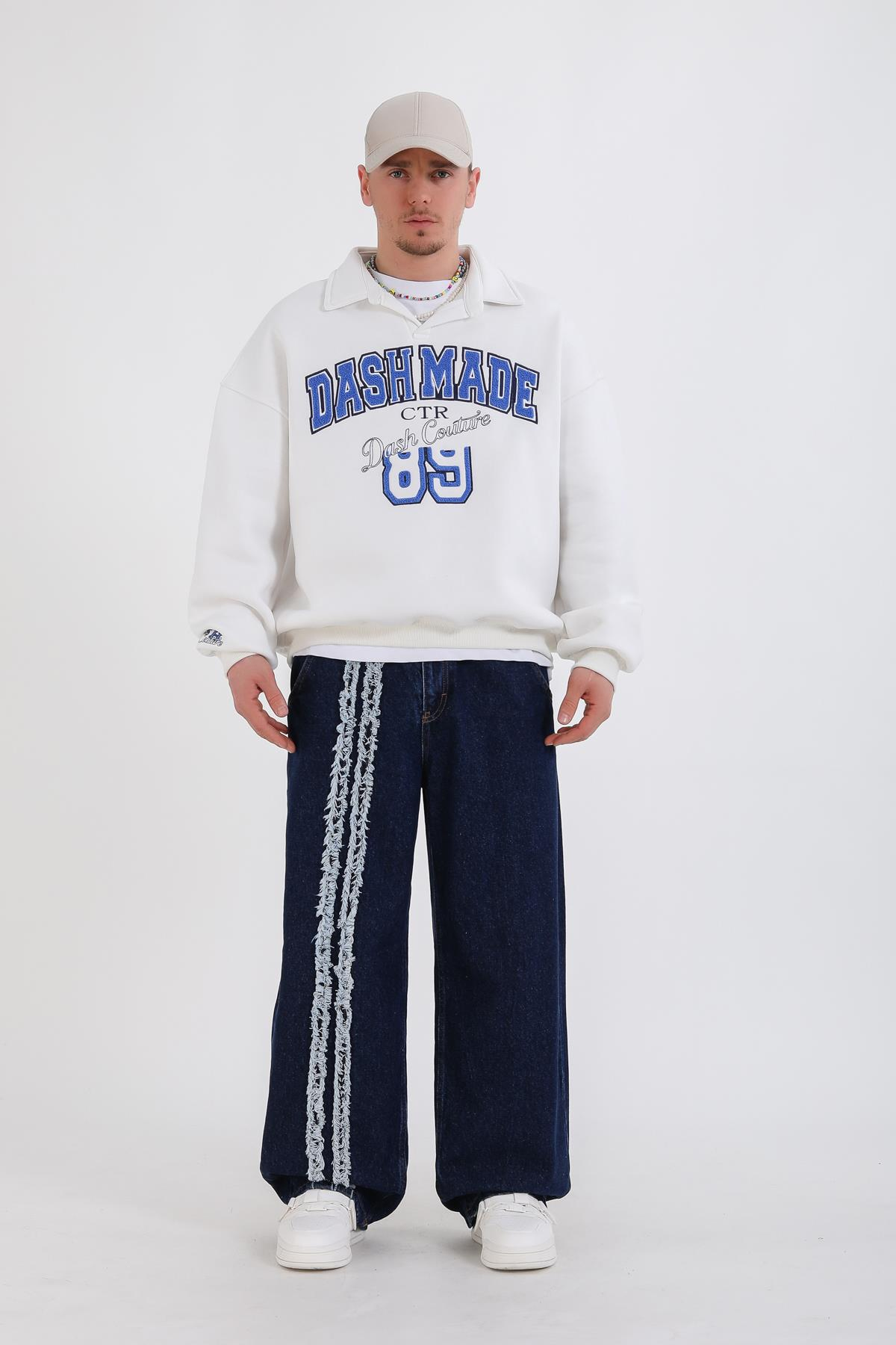 Dsh Nakışlı Krem Polo Yaka Oversize Sweatshirt SW1339