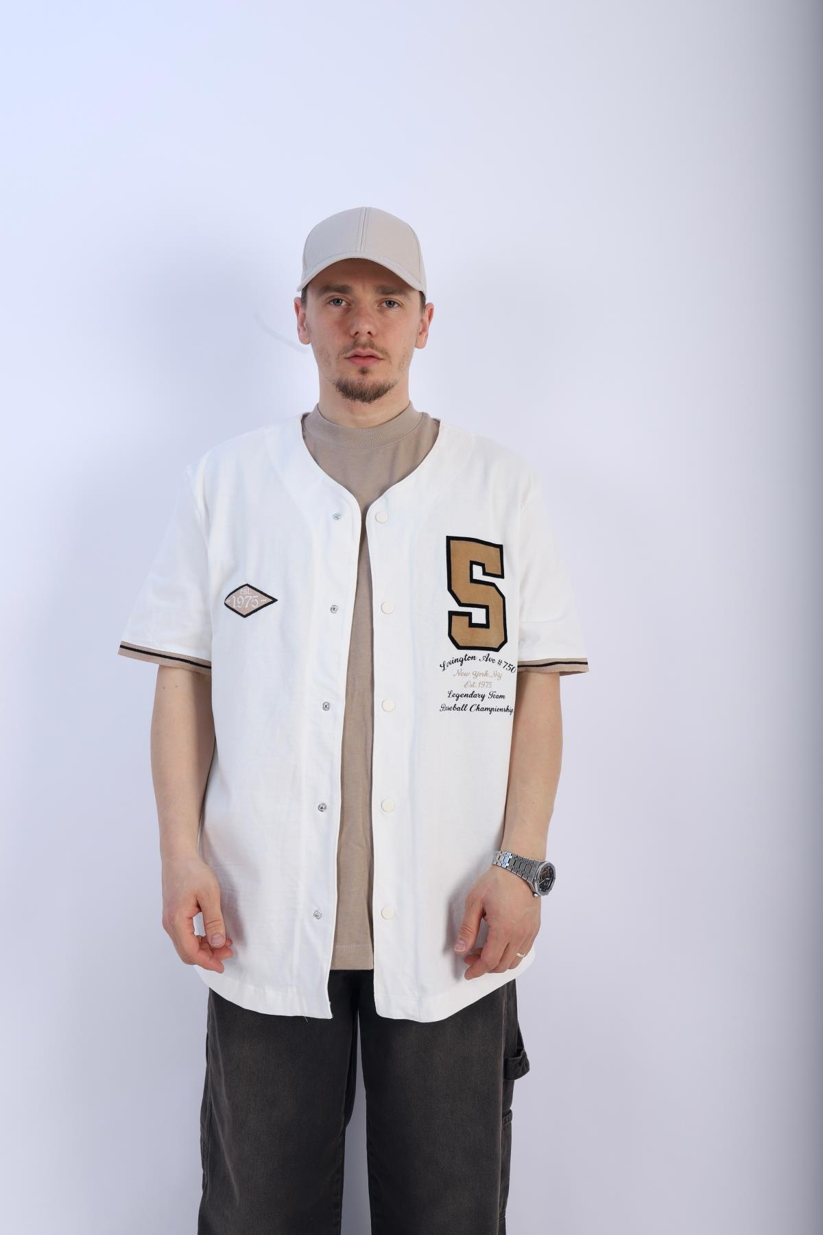 Düğmeli Krem Patch Detay Oversize Tshirt T932