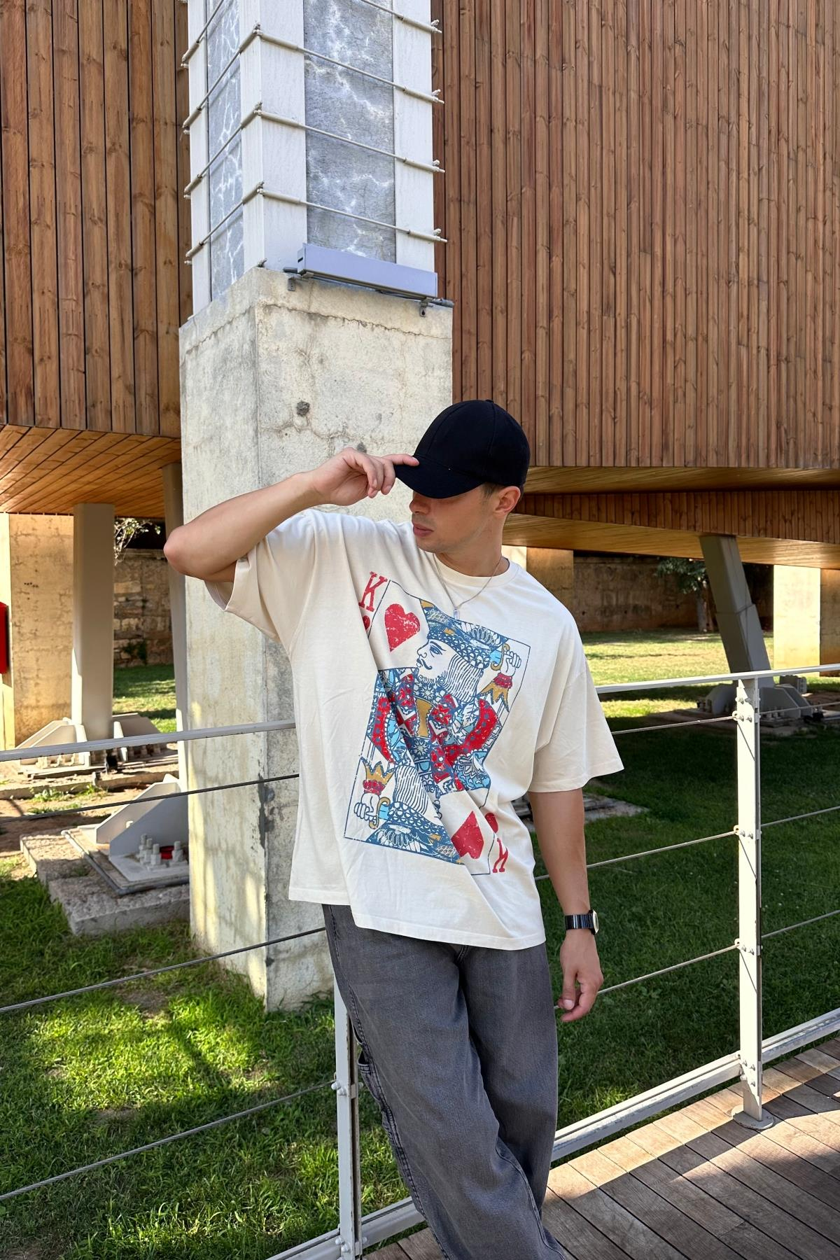 Eskitme Baskılı Krem Oversize Tshirt T1182