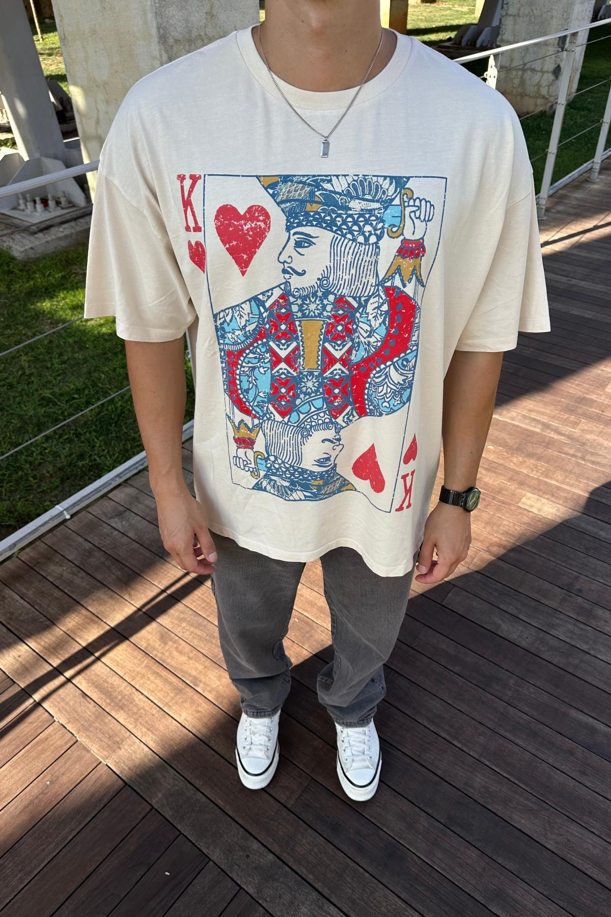 Eskitme Baskılı Krem Oversize Tshirt T1182