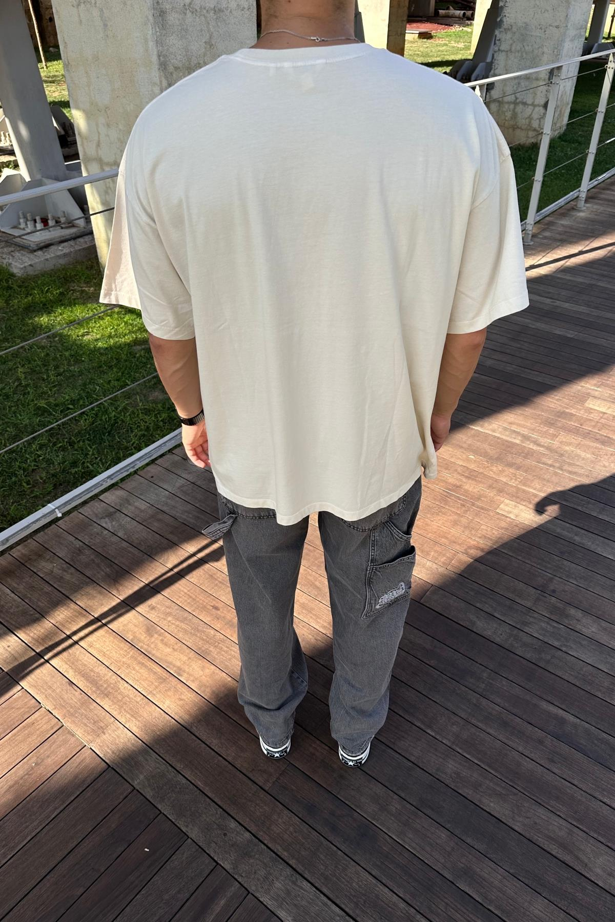 Eskitme Baskılı Krem Oversize Tshirt T1182