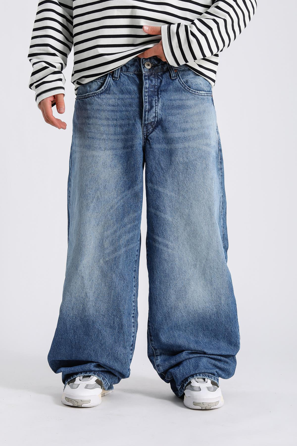 Eskitme Detay Koyu Mavi Süper Baggy Jean Pantolon P989 - Jr.crime