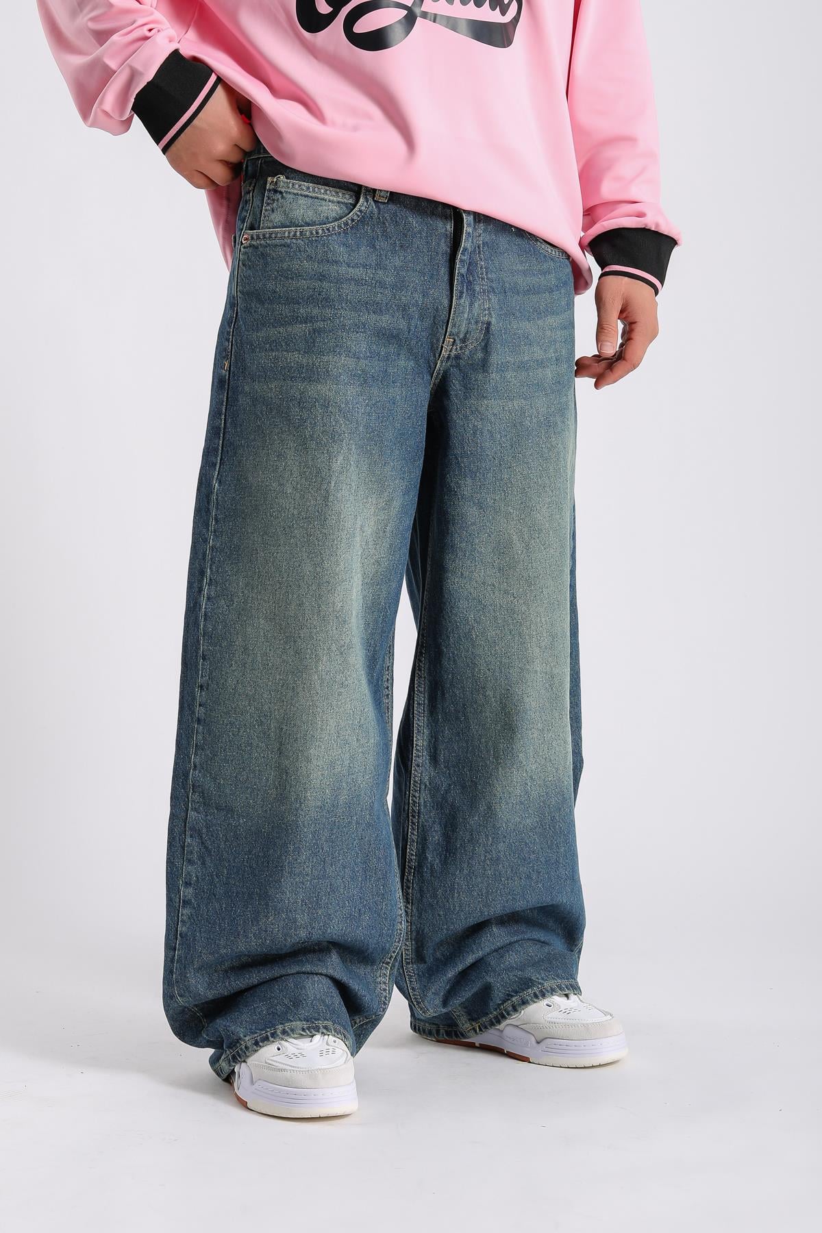 Eskitme Detay Koyu Mavi Baggy Jean Pantolon P981