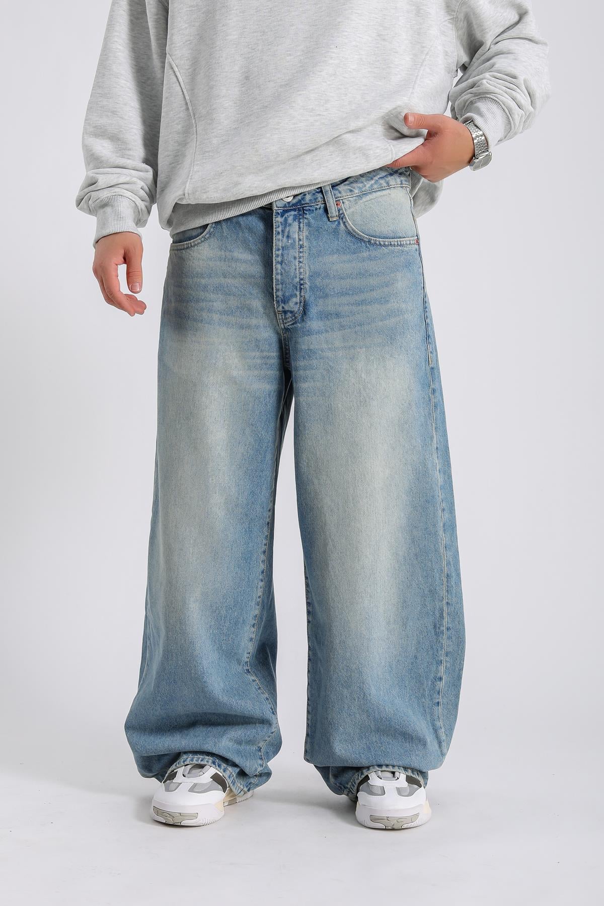 Eskitme Detay Mavi Baggy Jean Pantolon P982