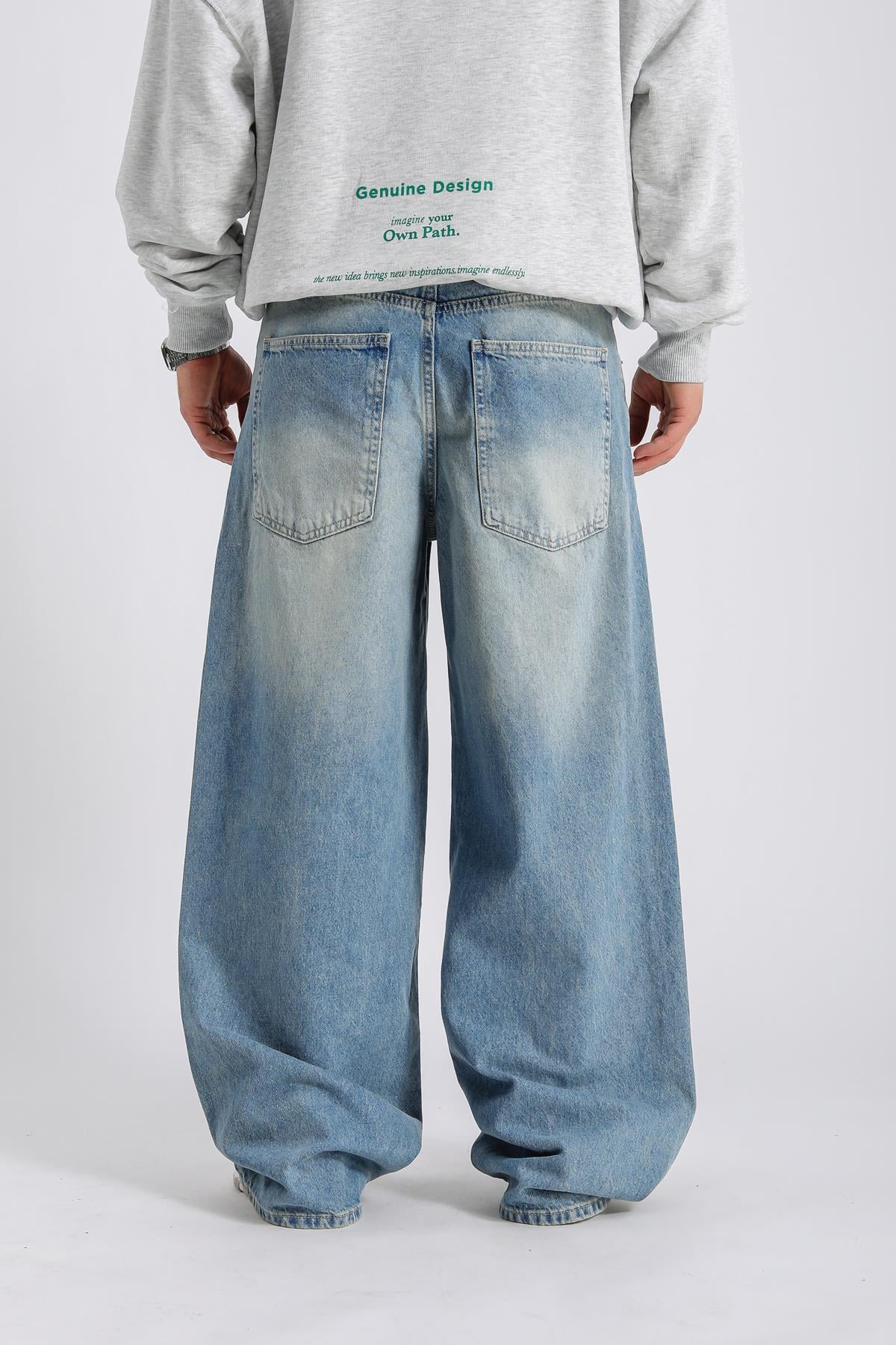 Eskitme Detay Mavi Baggy Jean Pantolon P982