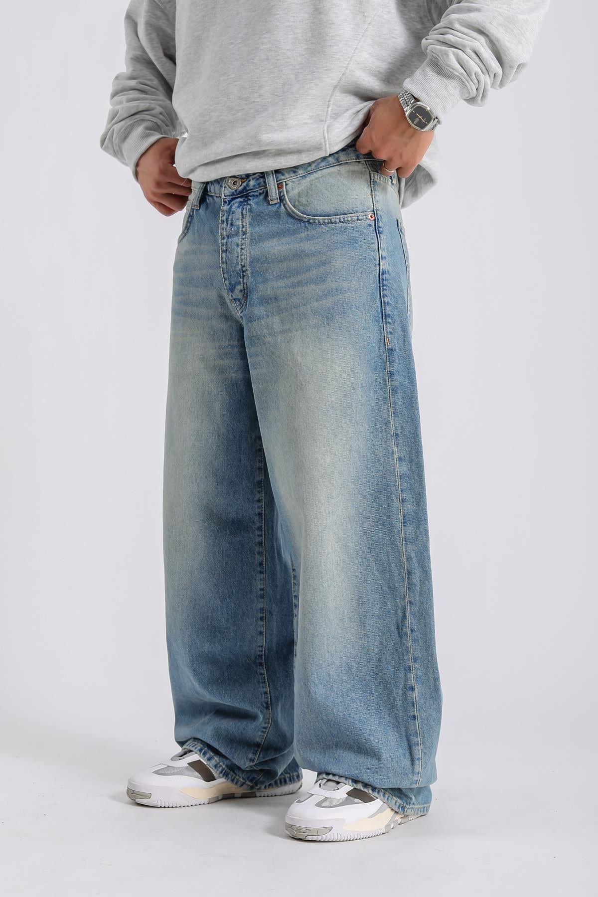 Eskitme Detay Mavi Baggy Jean Pantolon P982