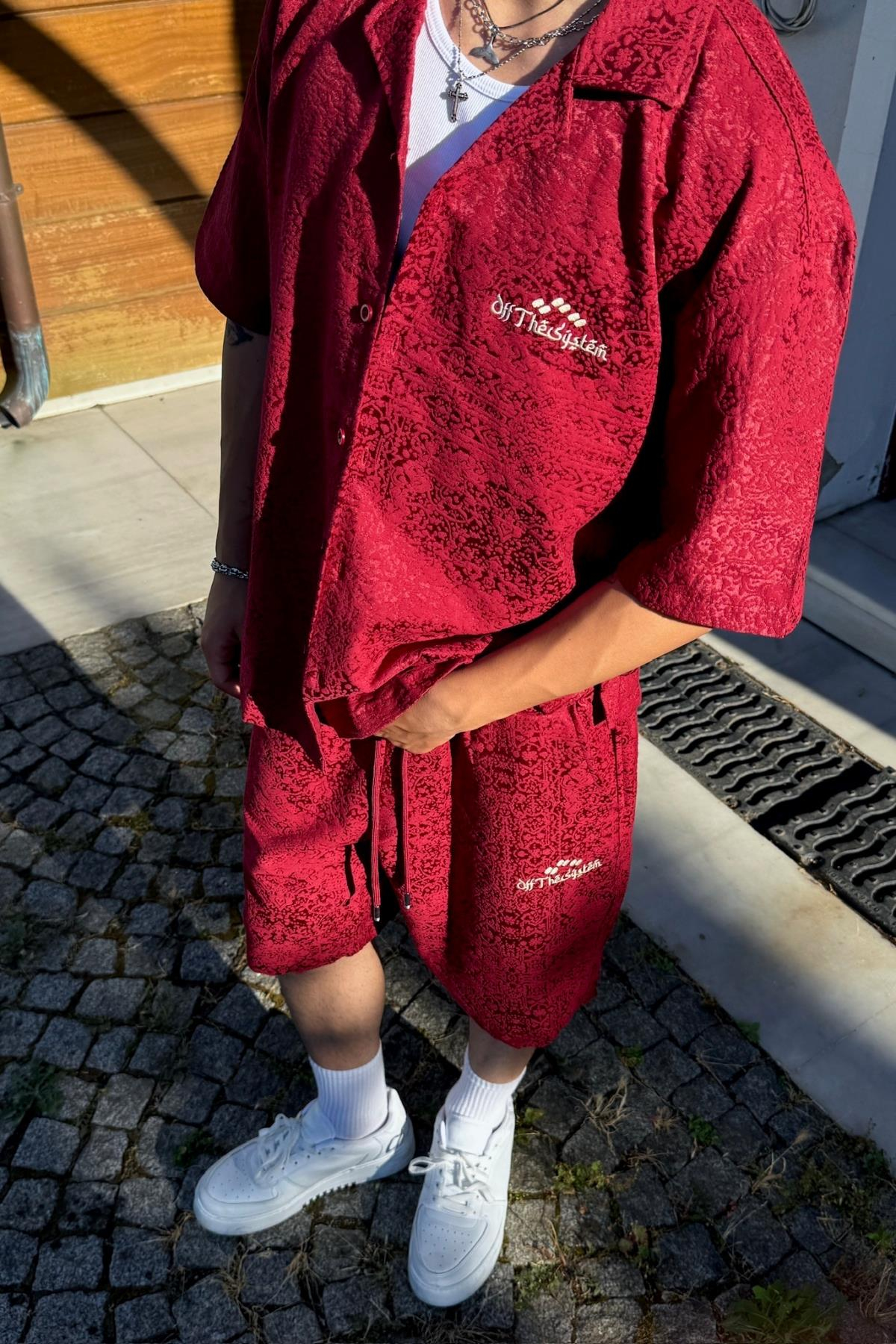 Etnik Desen Dokulu Bordo Oversize Gömlek PE01
