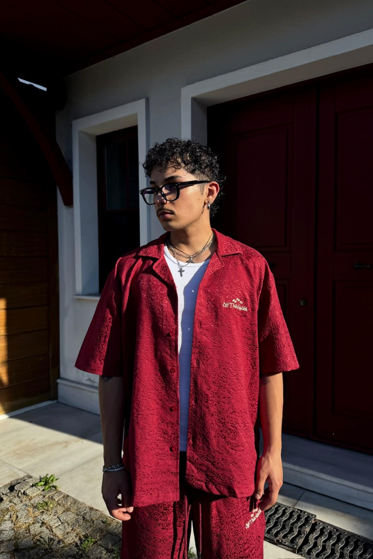 Etnik Desen Dokulu Bordo Oversize Gömlek PE01