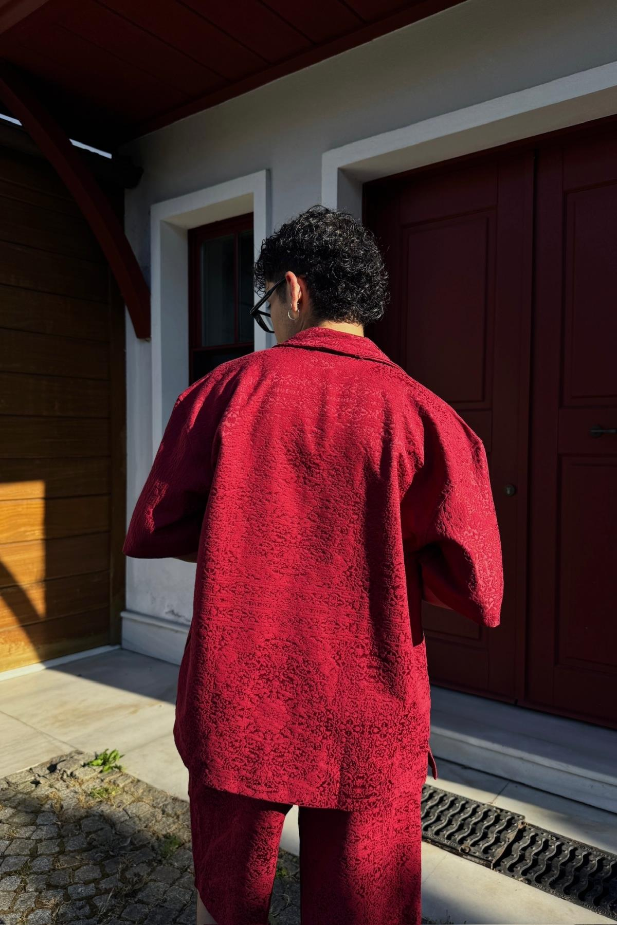 Etnik Desen Dokulu Bordo Oversize Gömlek PE01